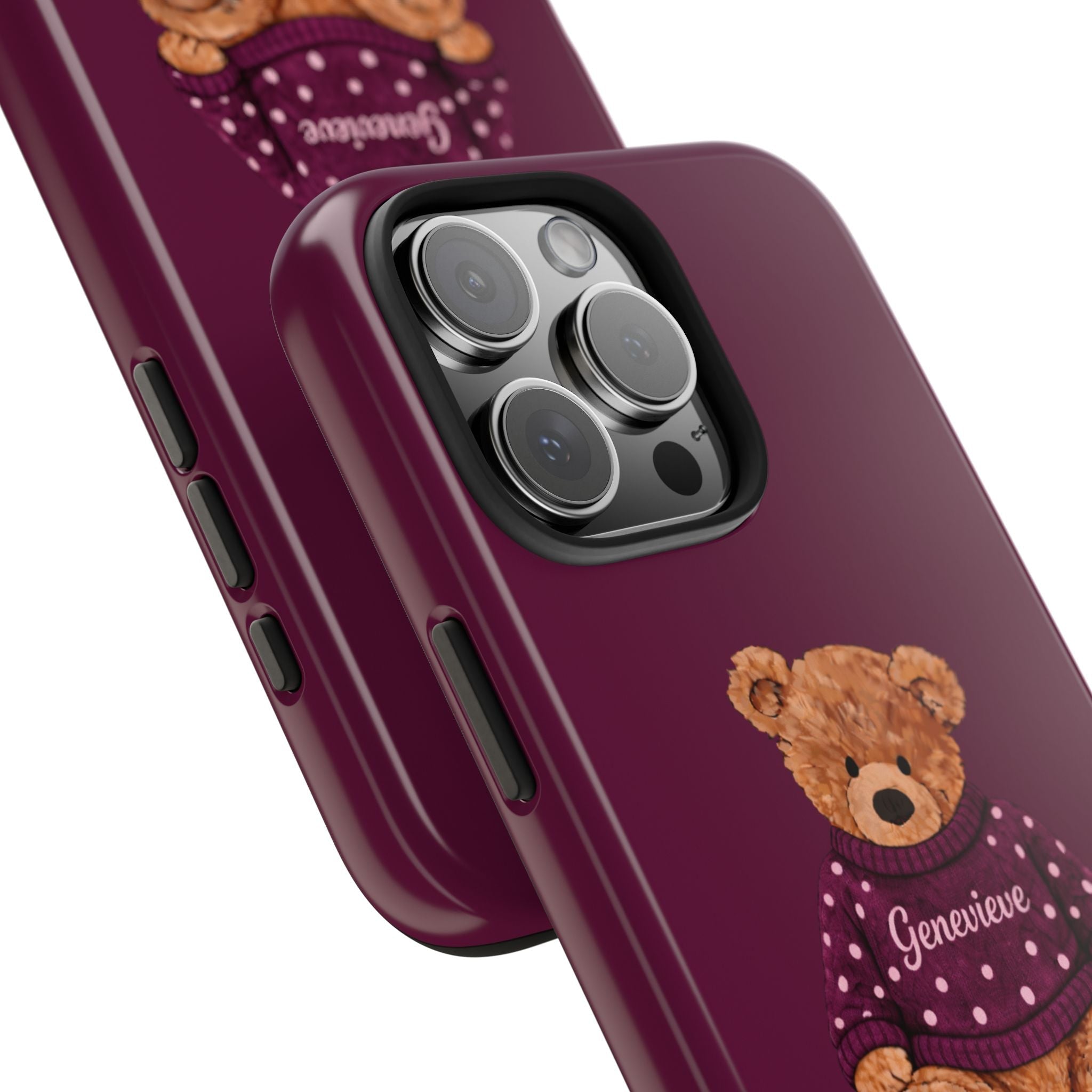 Plum phone case angled view with teddy bear design and name Genevieve near camera
