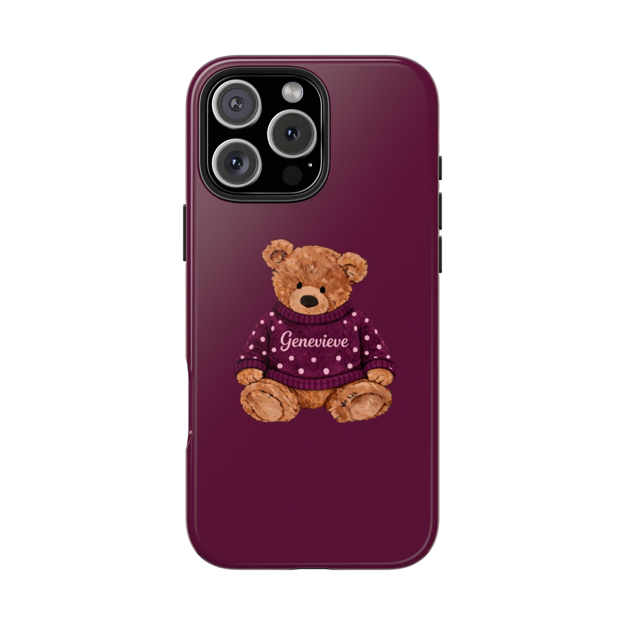 Plum phone case with teddy bear in purple sweater, name Genevieve