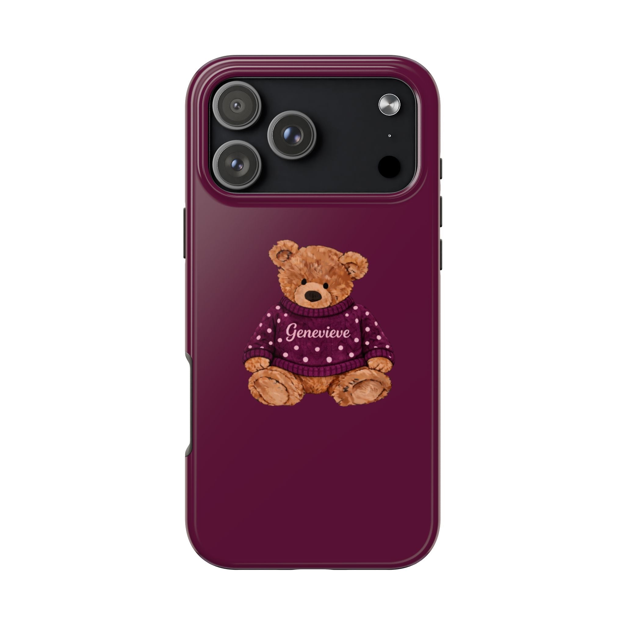 Plum phone case with teddy bear on back, purple sweater and name Genevieve