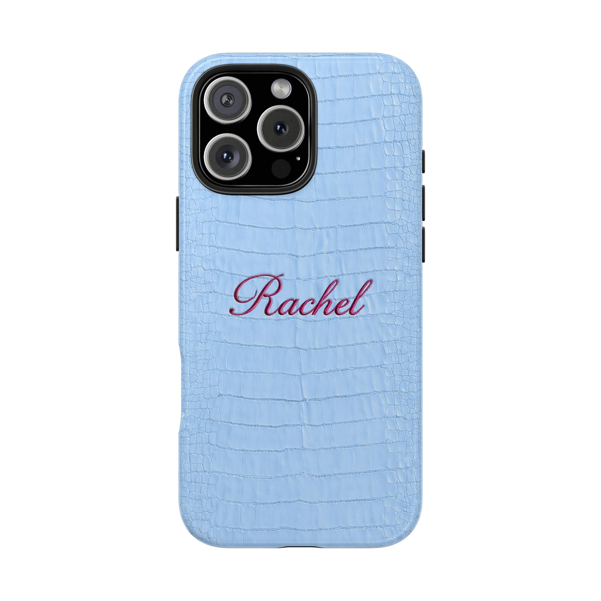 Light blue croc-texture phone case with “Rachel” name and camera cutout
