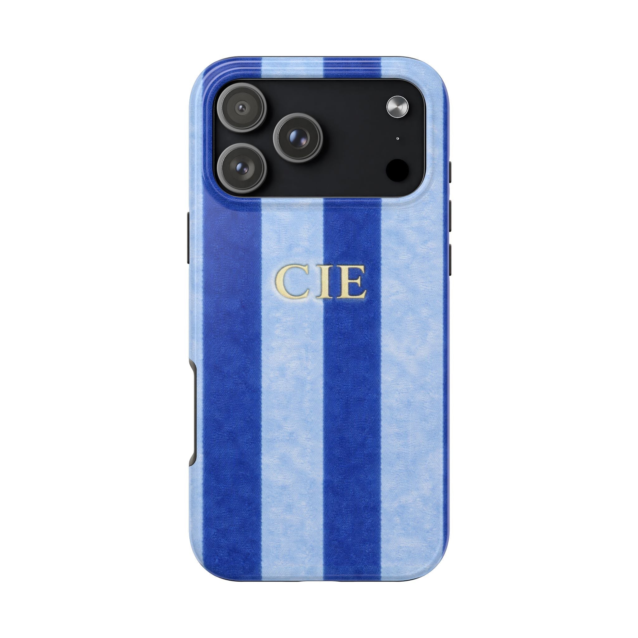 Blue velvet stripe phone case with gold initials 'CIE' and camera cutouts