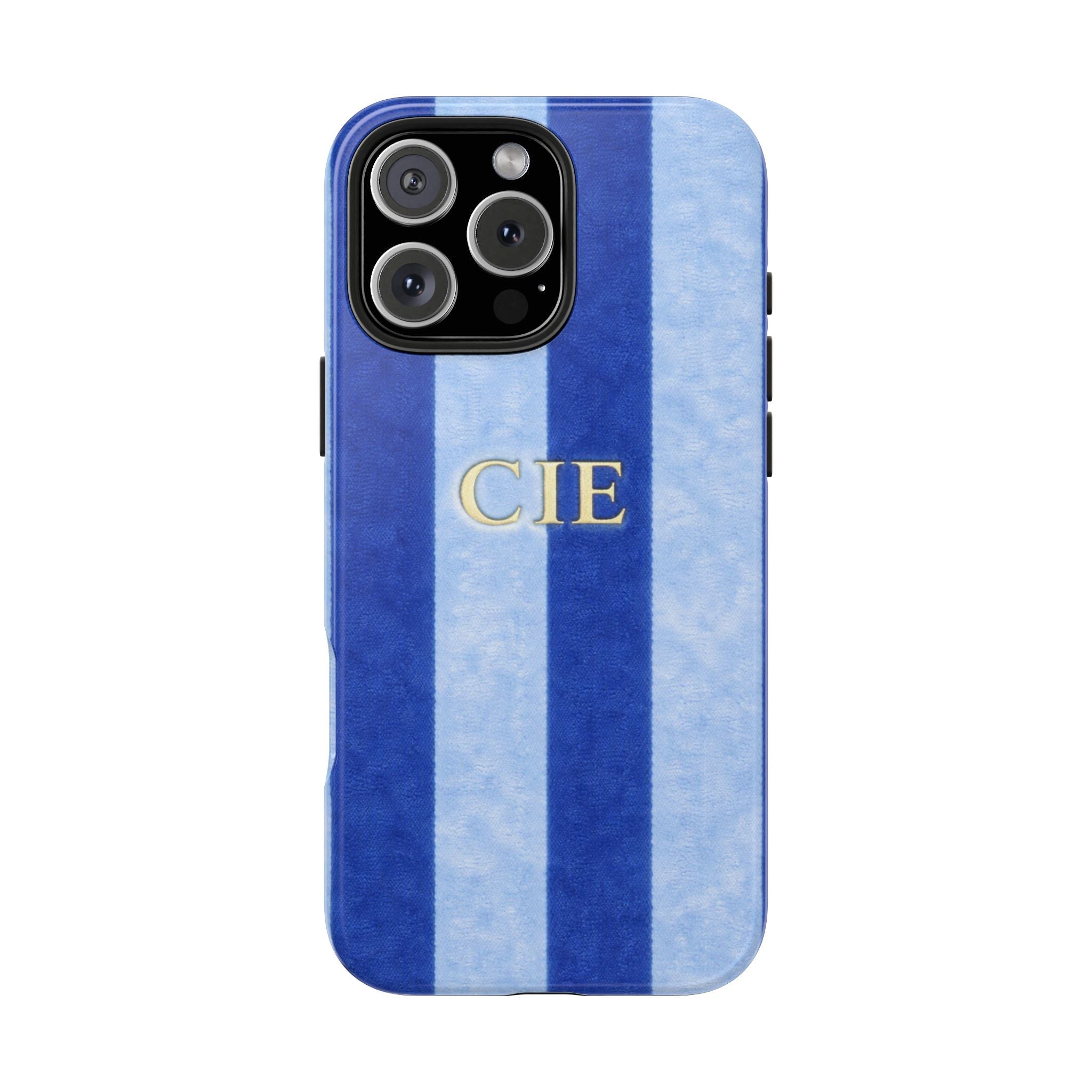 Blue velvet striped phone case, gold 'CIE' initials, camera cutouts on back