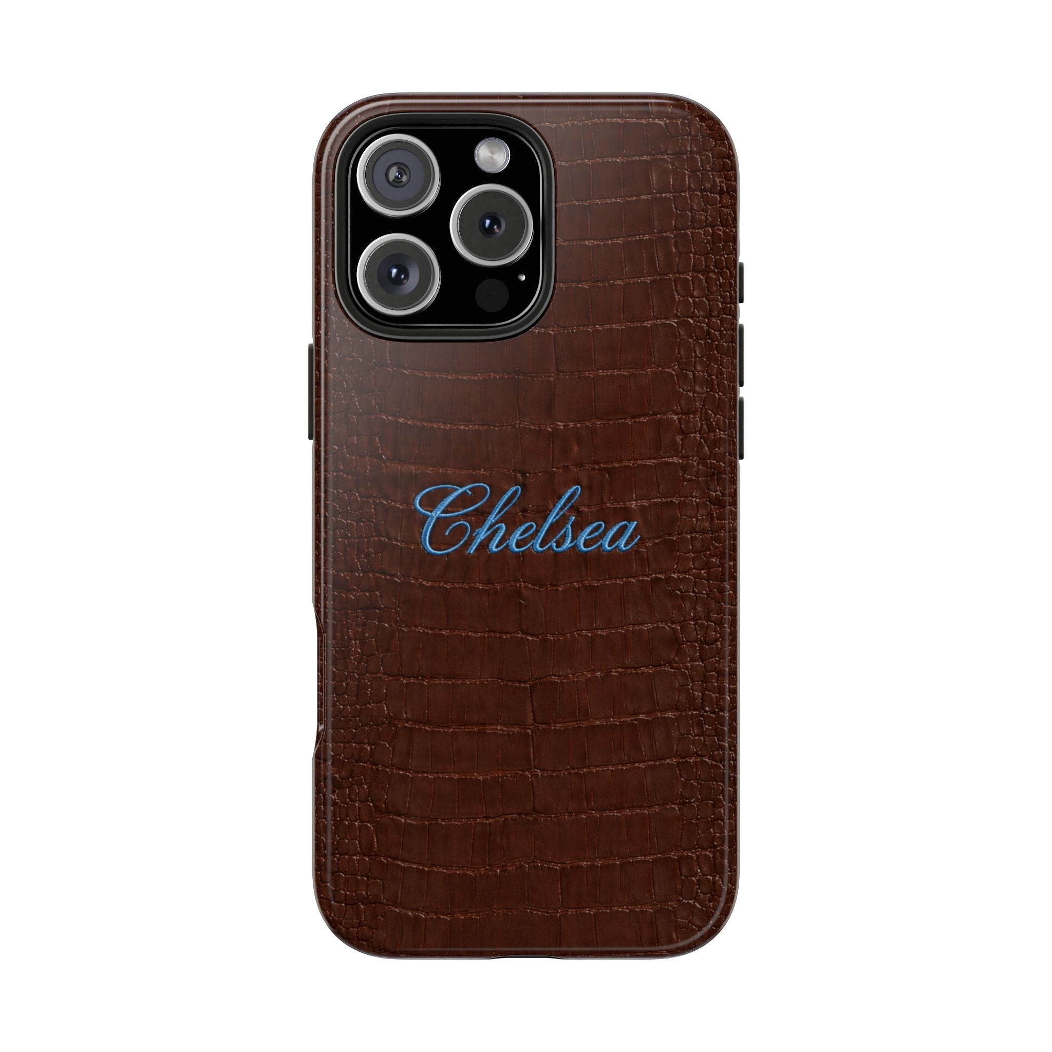 Brown croc-embossed phone case with blue 'Chelsea' name, raised camera ring protection
