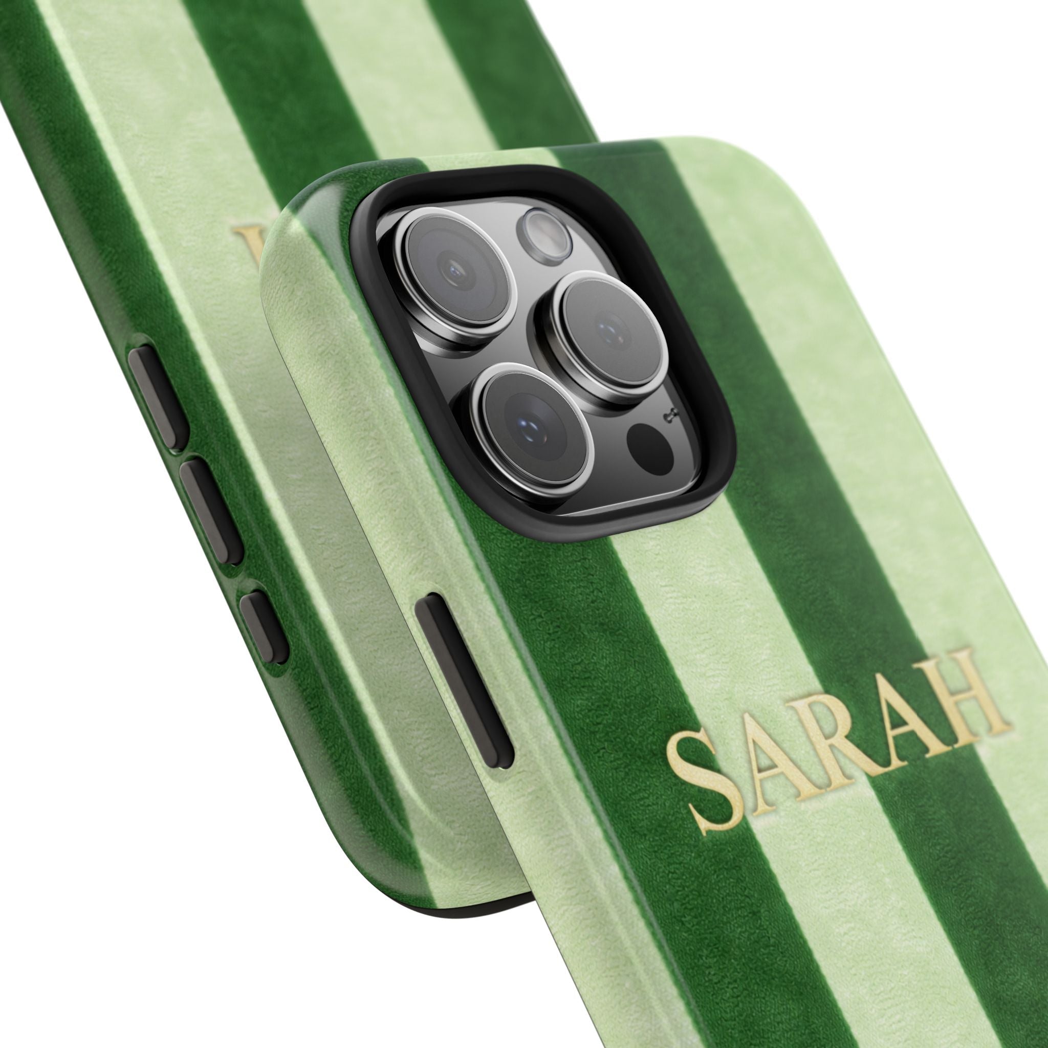 Green striped velvet phone case showing camera lenses and “SARAH” on the side/back.