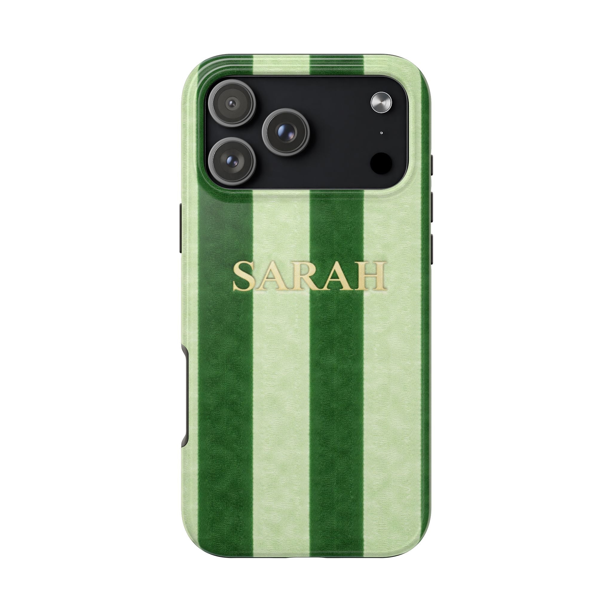 Green velvet stripe phone case with “SARAH” name text, camera cutout on back.