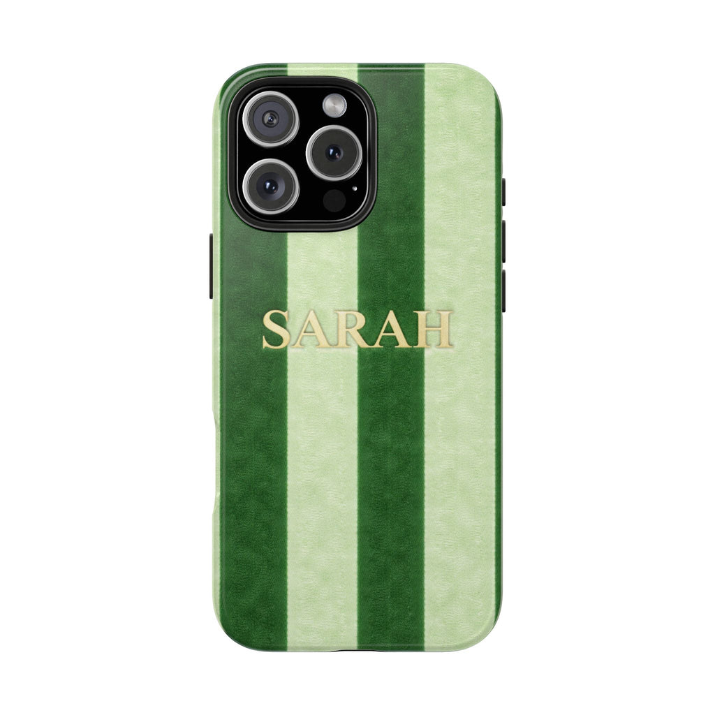 Green and cream vertical stripe velvet phone case with “SARAH” printed on back.