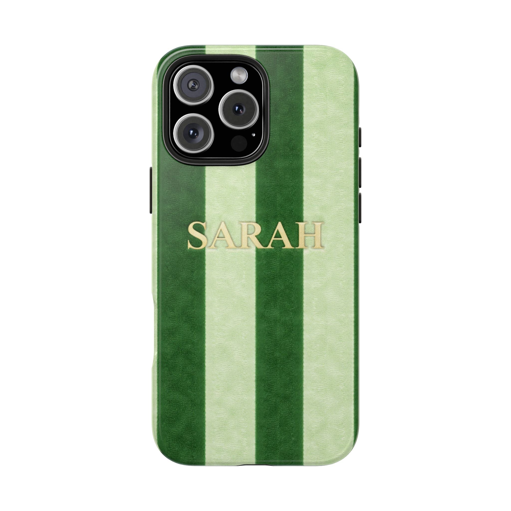 Green and cream vertical stripe velvet phone case with “SARAH” printed on back.