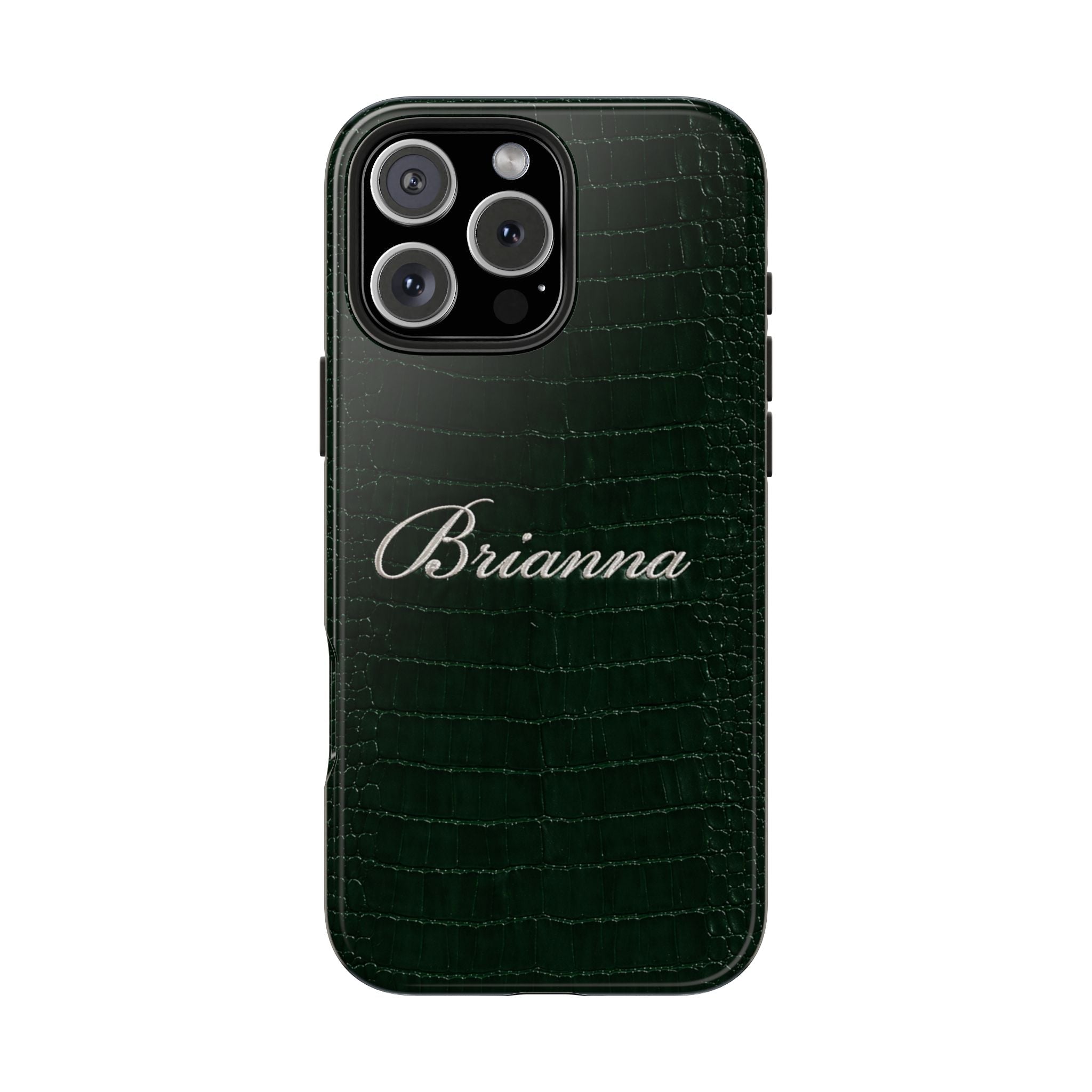 Hunter green crocodile-print phone case with “Brianna” name in cursive