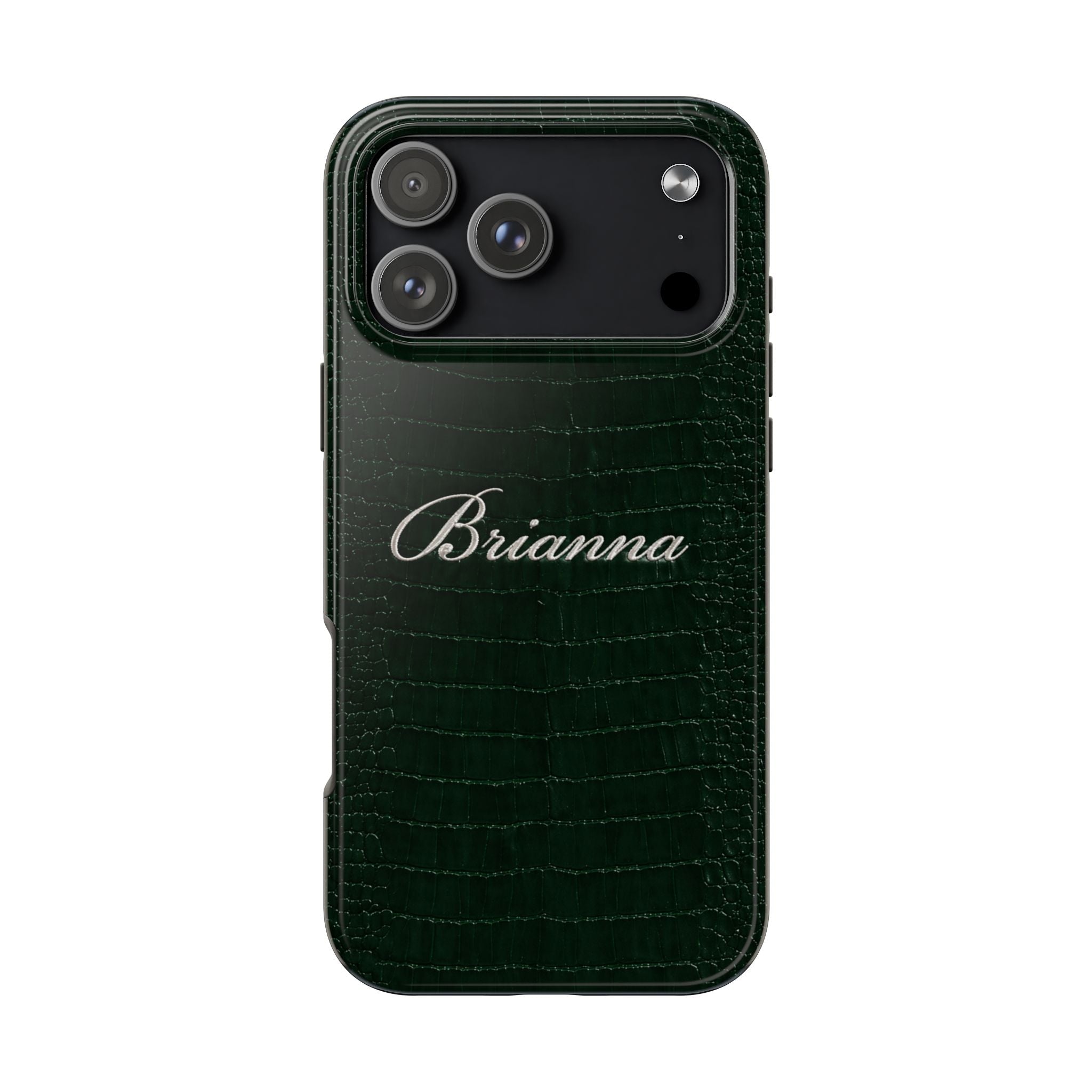 Hunter green crocodile-print phone case with “Brianna” name on front