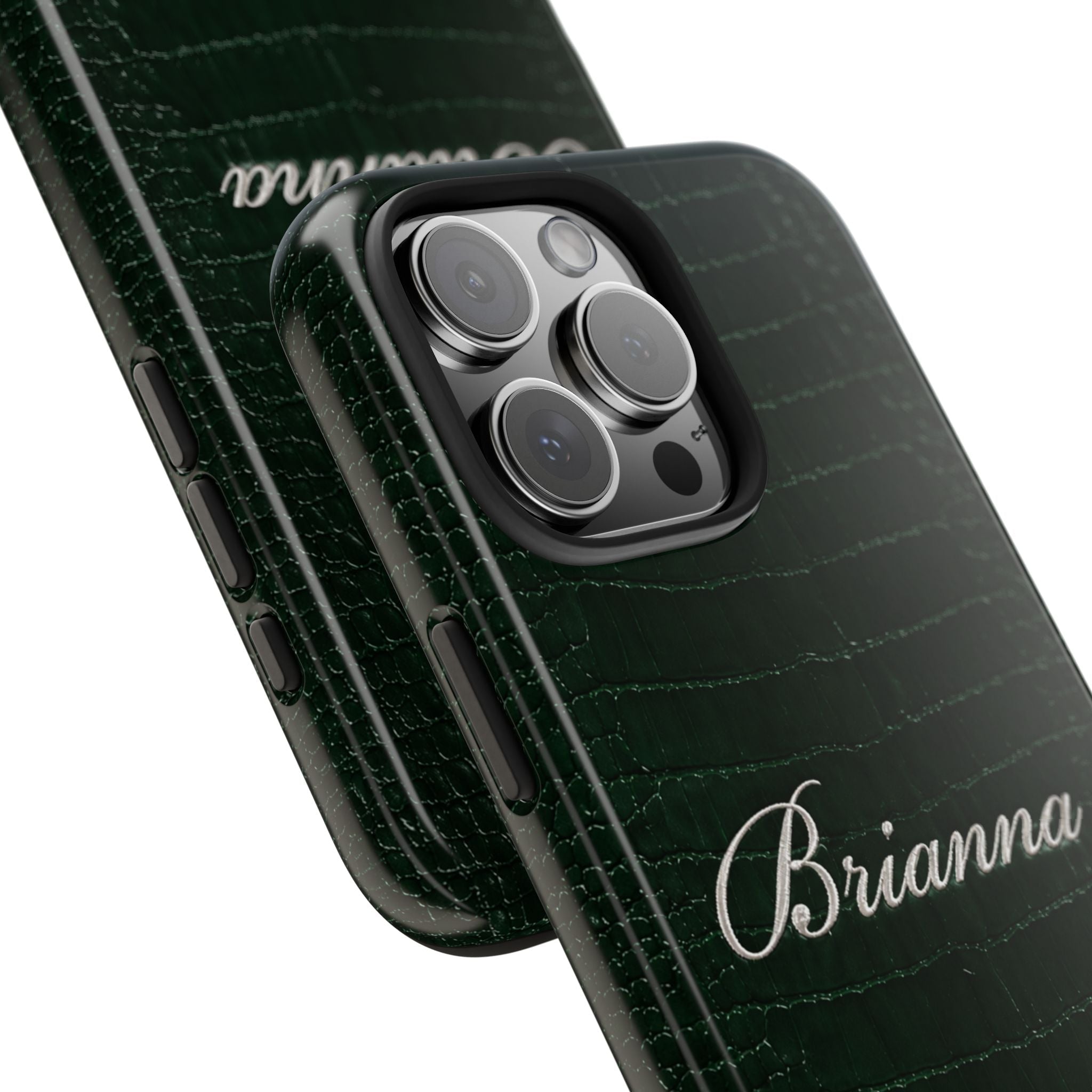 Hunter green croc phone case angled view; “Brianna” text near camera cutout
