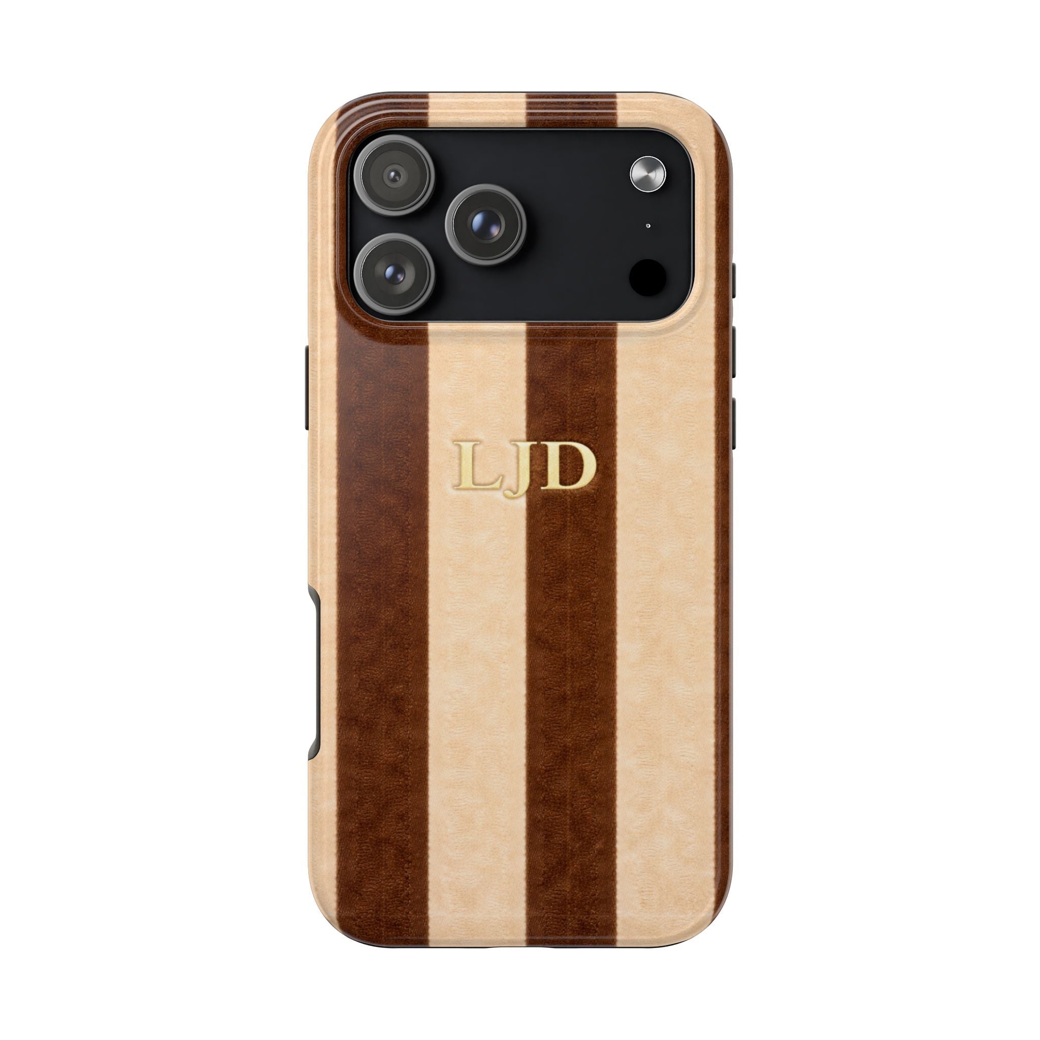 Mocha velvet striped phone case with gold initials LJD, raised camera cutout