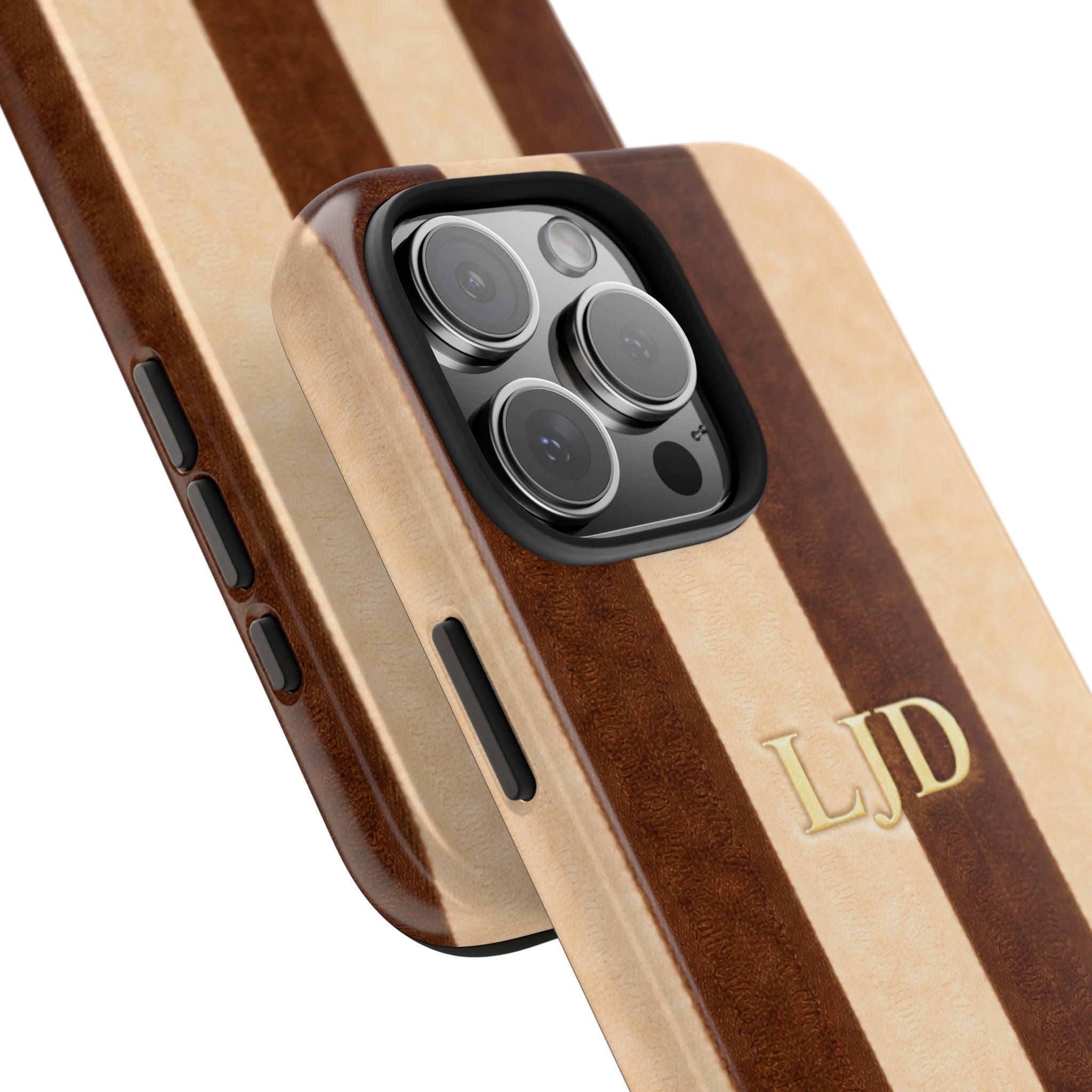 Mocha velvet striped phone case with gold initials LJD, side buttons and camera bump