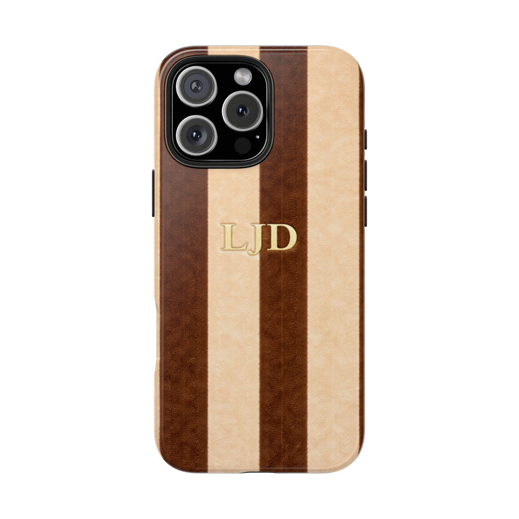 Mocha velvet striped phone case with gold initials LJD, centered on back panel