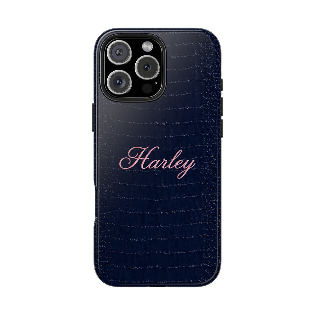 Navy croc-textured phone case showing custom Harley name across the back