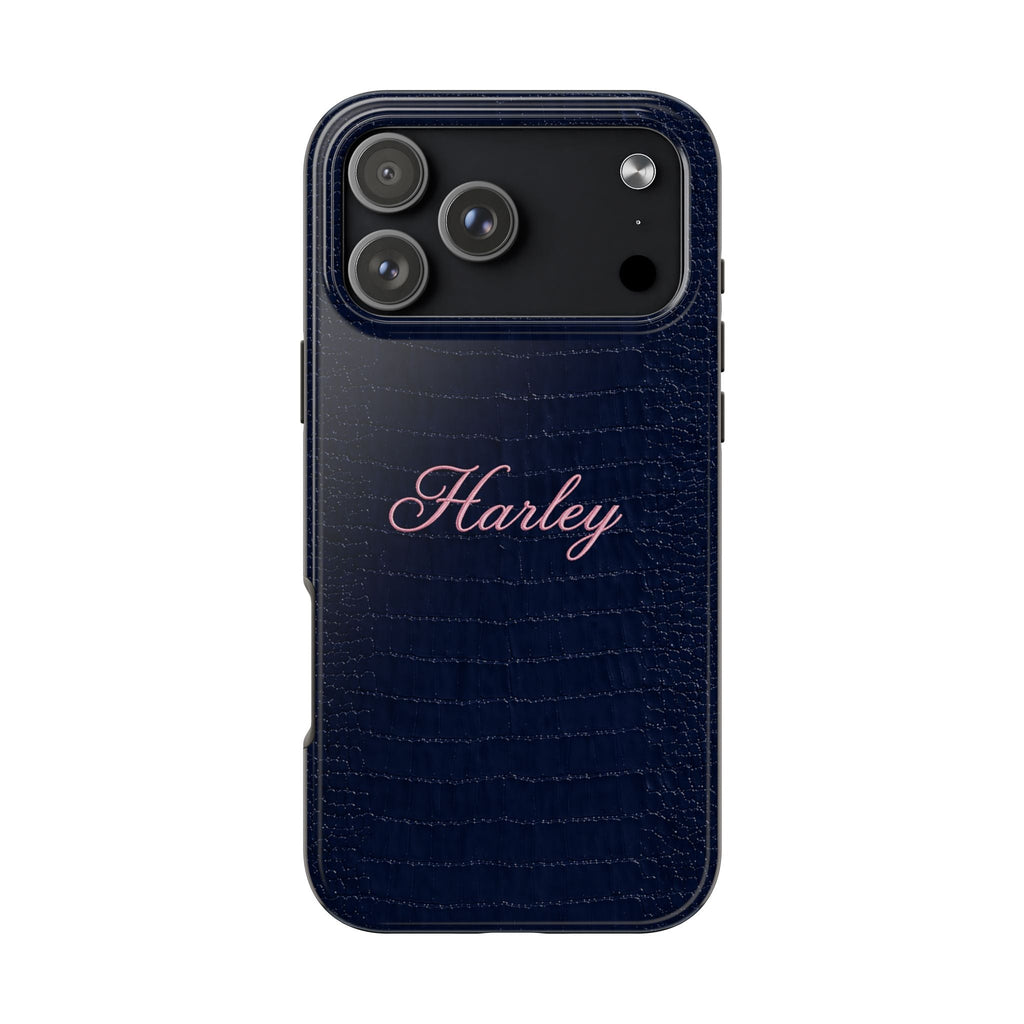 Blue croc-textured phone case with custom name Harley and camera openings