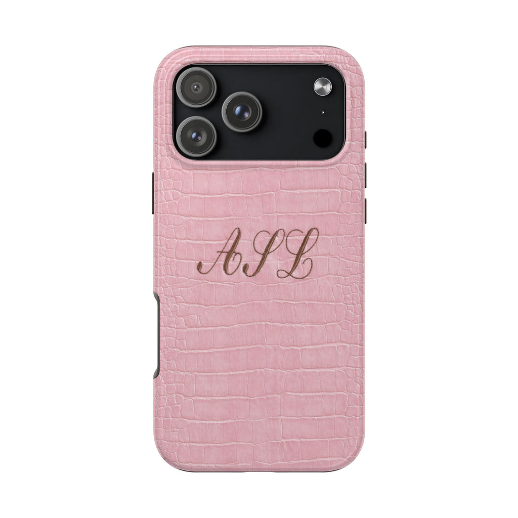 Pink croc-embossed phone case with custom script initials and camera cutout