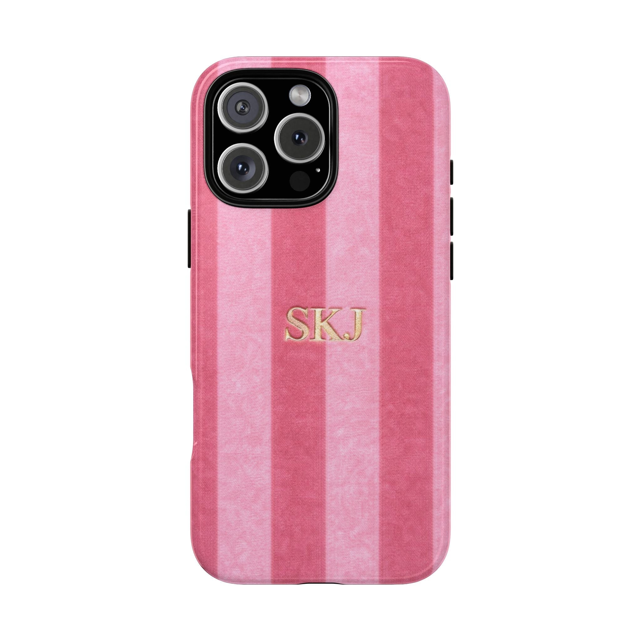 Pink velvet phone case with vertical stripes and gold SKJ initials, cutout camera