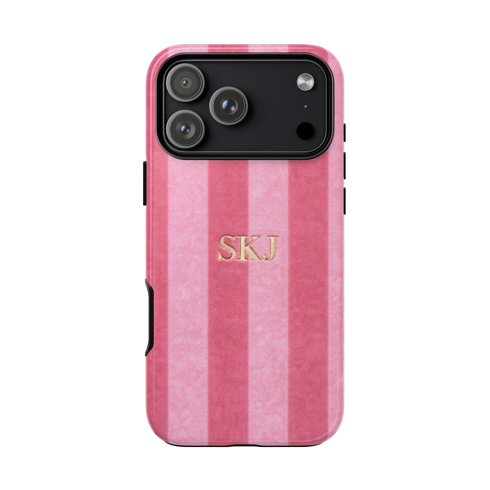 Pink velvet striped phone case with gold “SKJ” initials, side buttons visible.