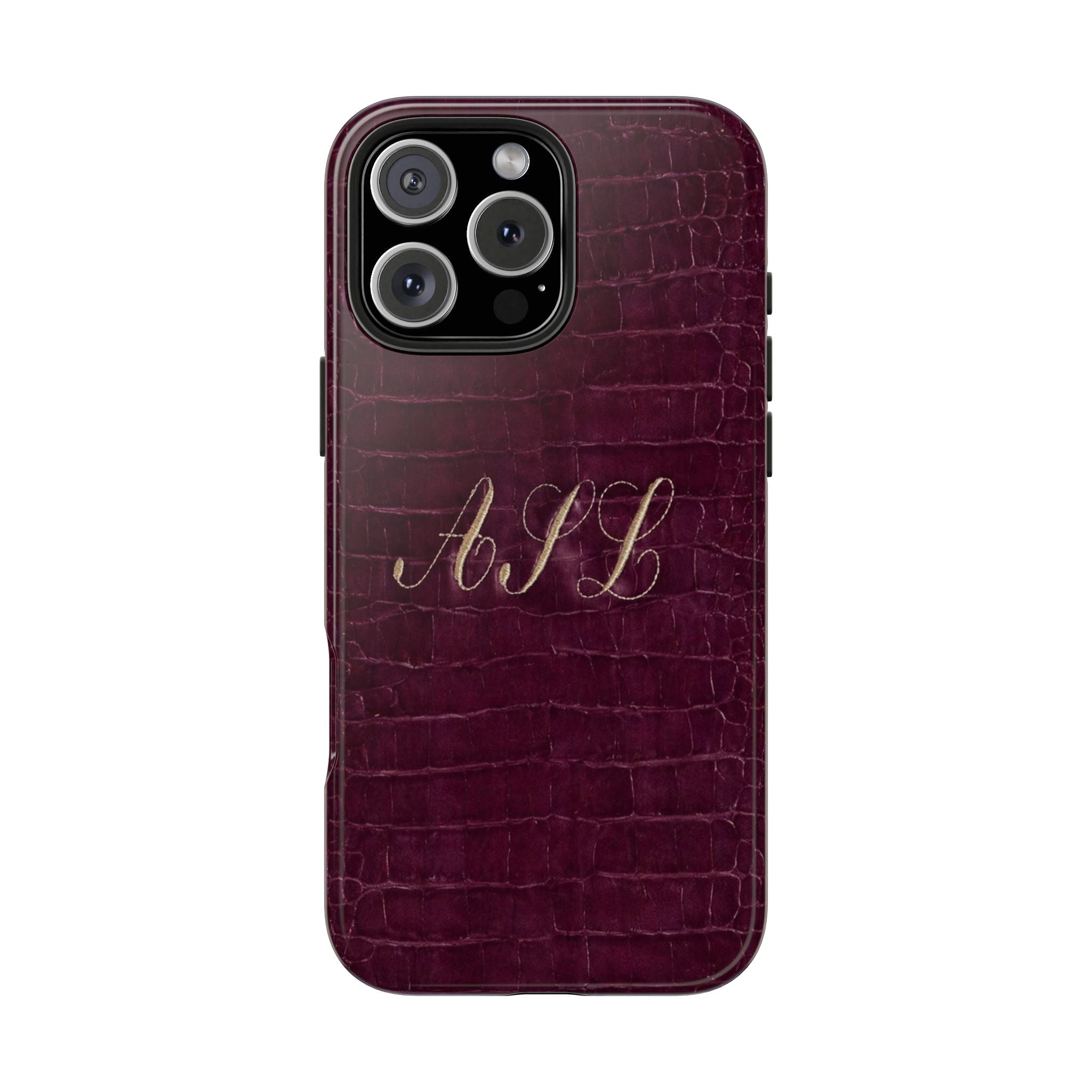 Plum croc-style phone case with gold-style monogram initials across center