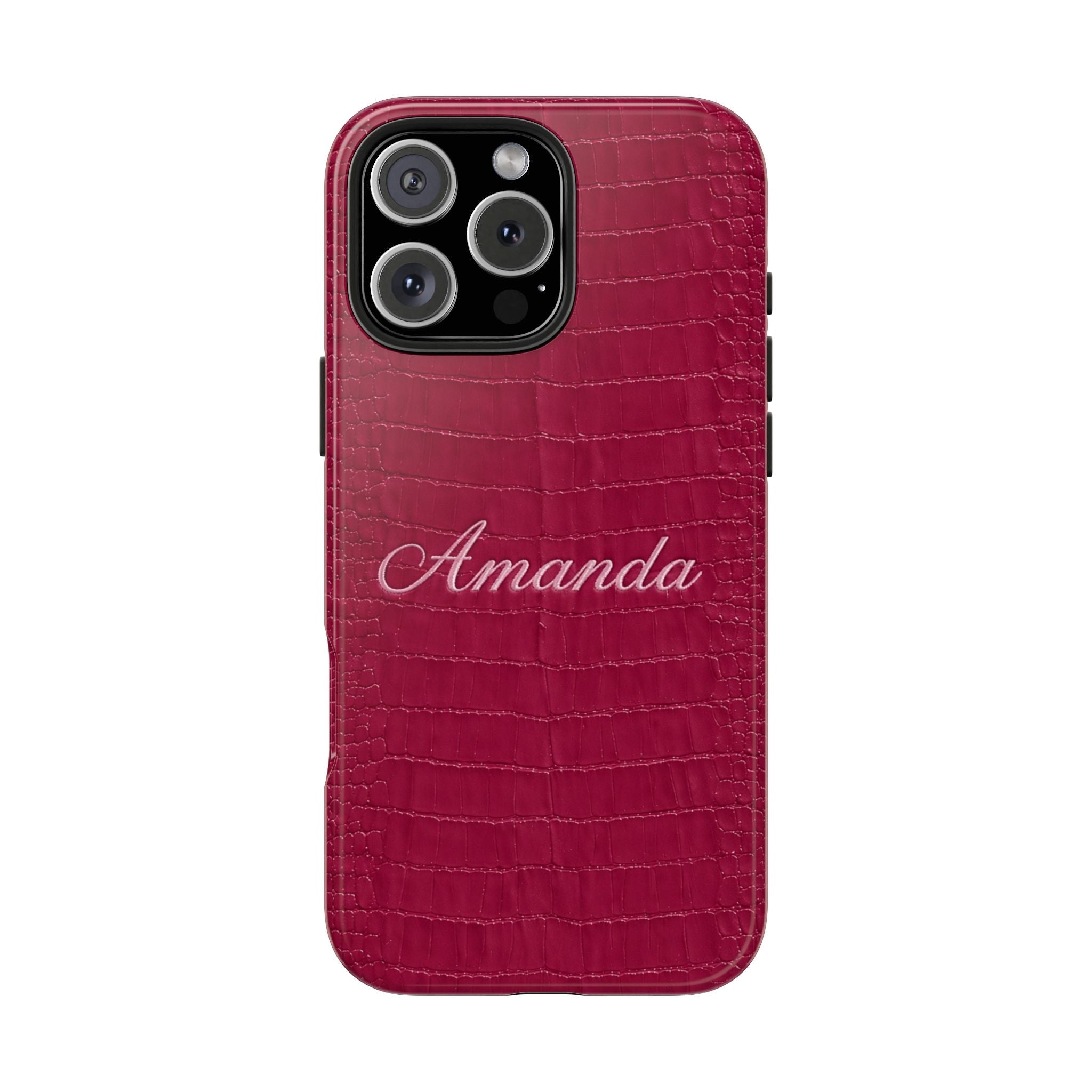 Raspberry croc-texture phone case with “Amanda” name and triple camera cutouts