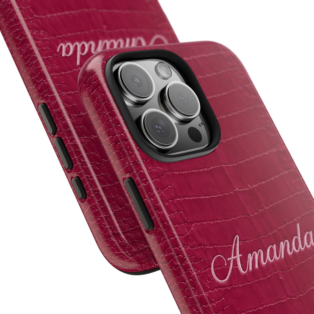 Raspberry croc phone case showing camera lens cutouts and “Amanda” name
