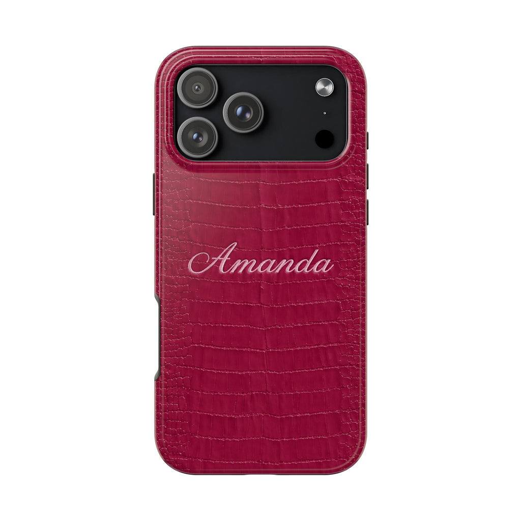 Raspberry croc-texture phone case with “Amanda” name on front