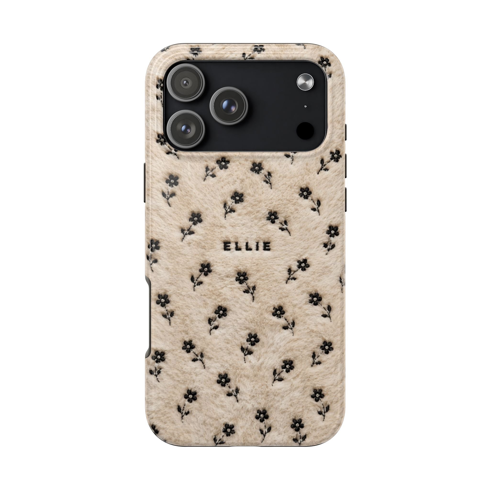 Cream velvet phone case with black floral print and name ELLIE