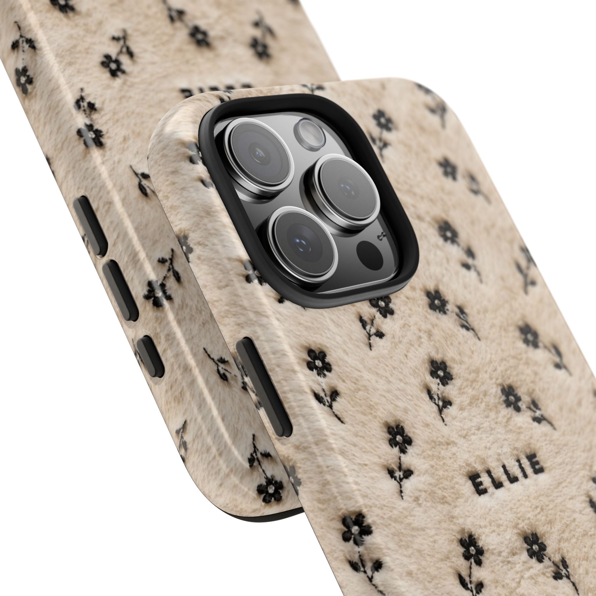 Cream velvet phone case with black floral print and name ELLIE; raised camera protection