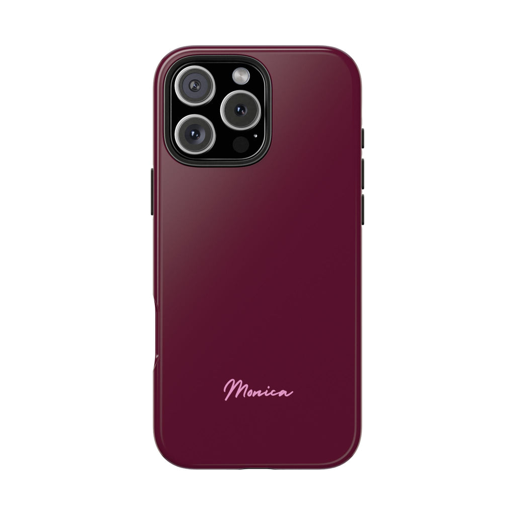 Raspberry pink phone case, back view, custom script name “Monica” near bottom