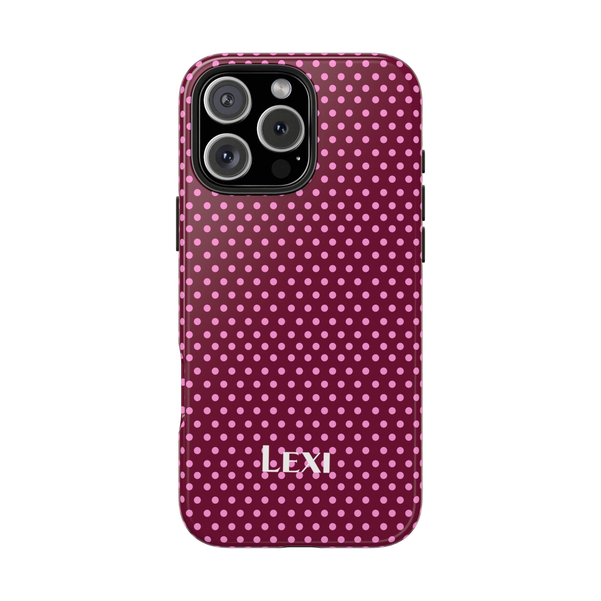 Raspberry polka dot phone case, LEXI name centered on back