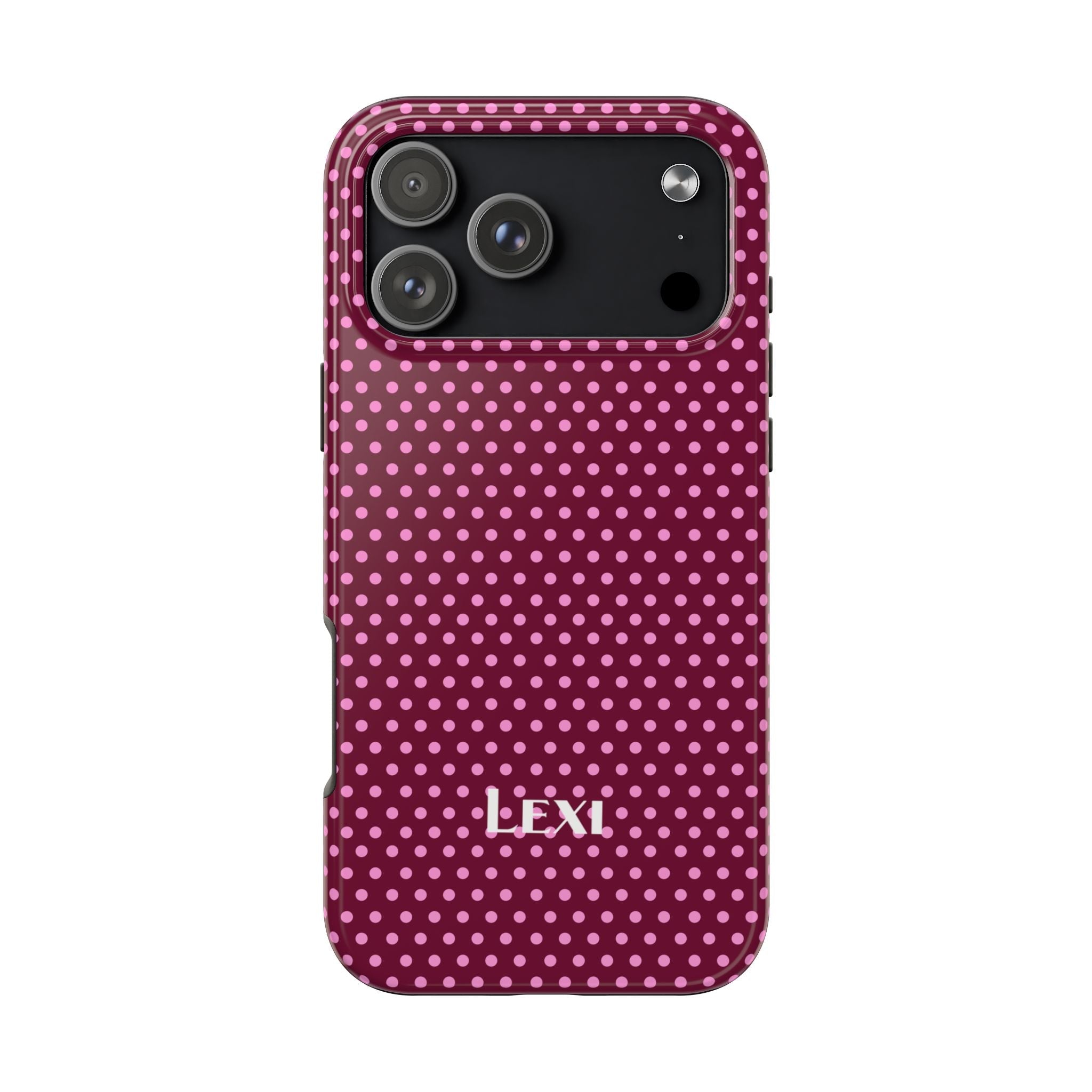 Raspberry polka dot phone case with LEXI name on back
