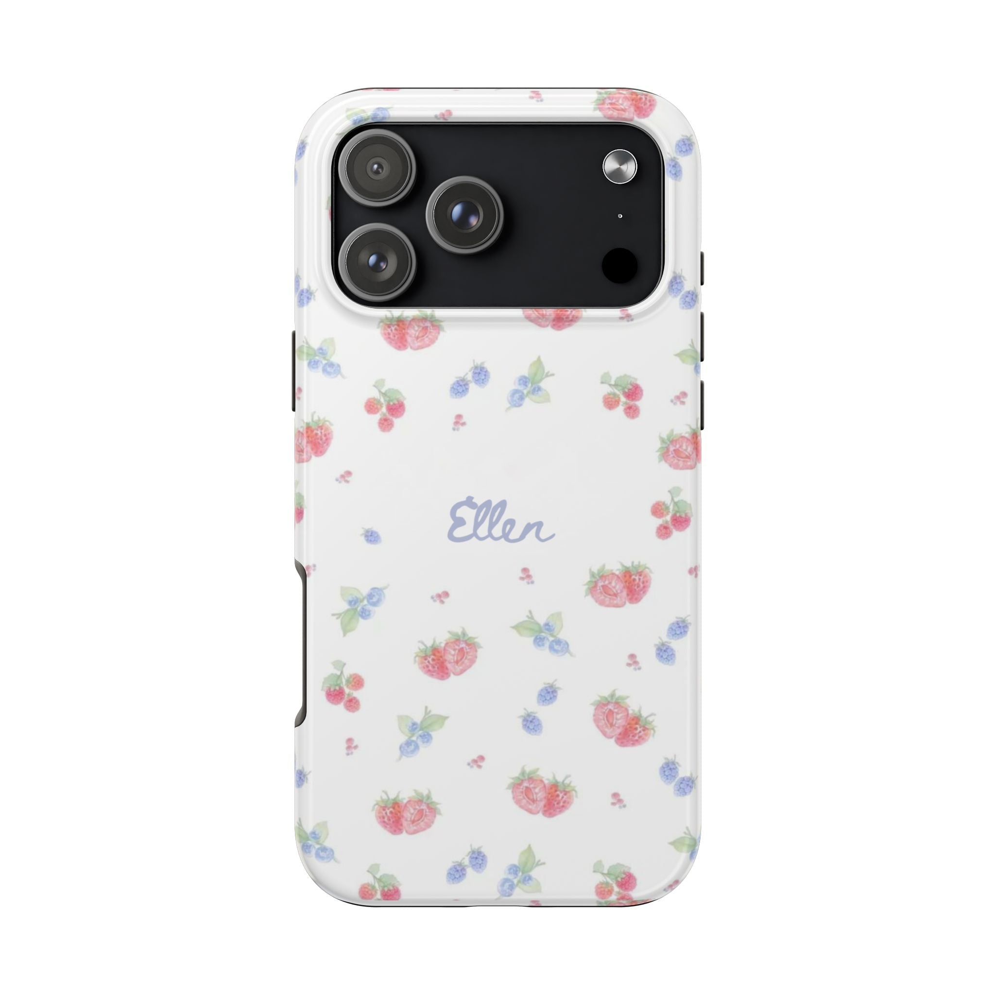 White phone case back with berry pattern, camera cutouts, and 'Ellen' name