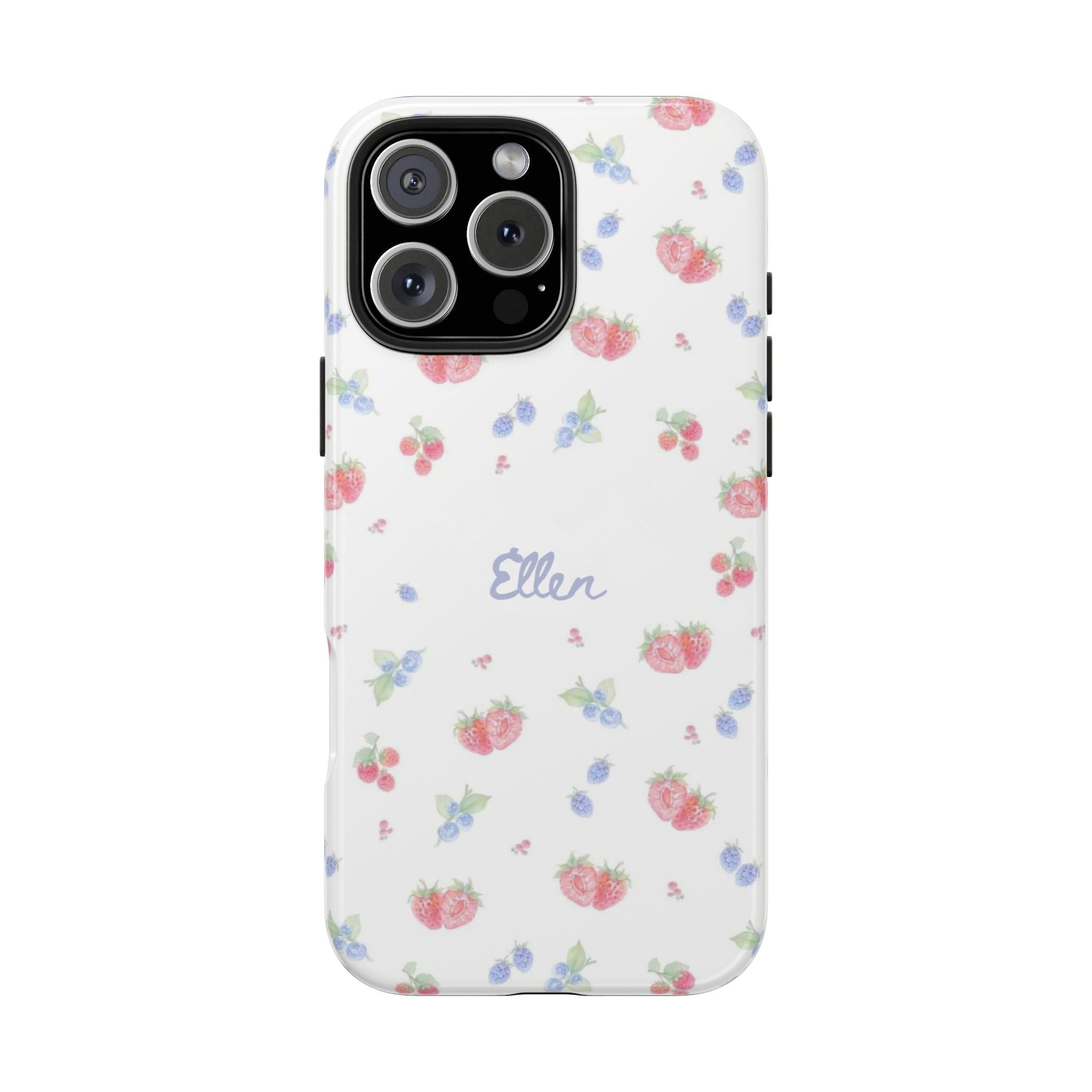 White phone case with strawberry/blueberry pattern and personalized 'Ellen' on back