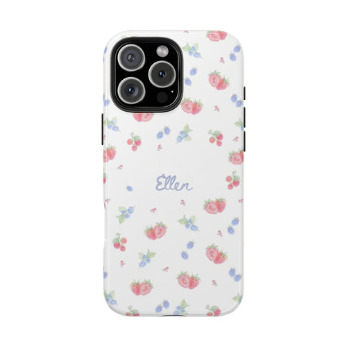 White phone case with strawberry/blueberry pattern and personalized 'Ellen' on back