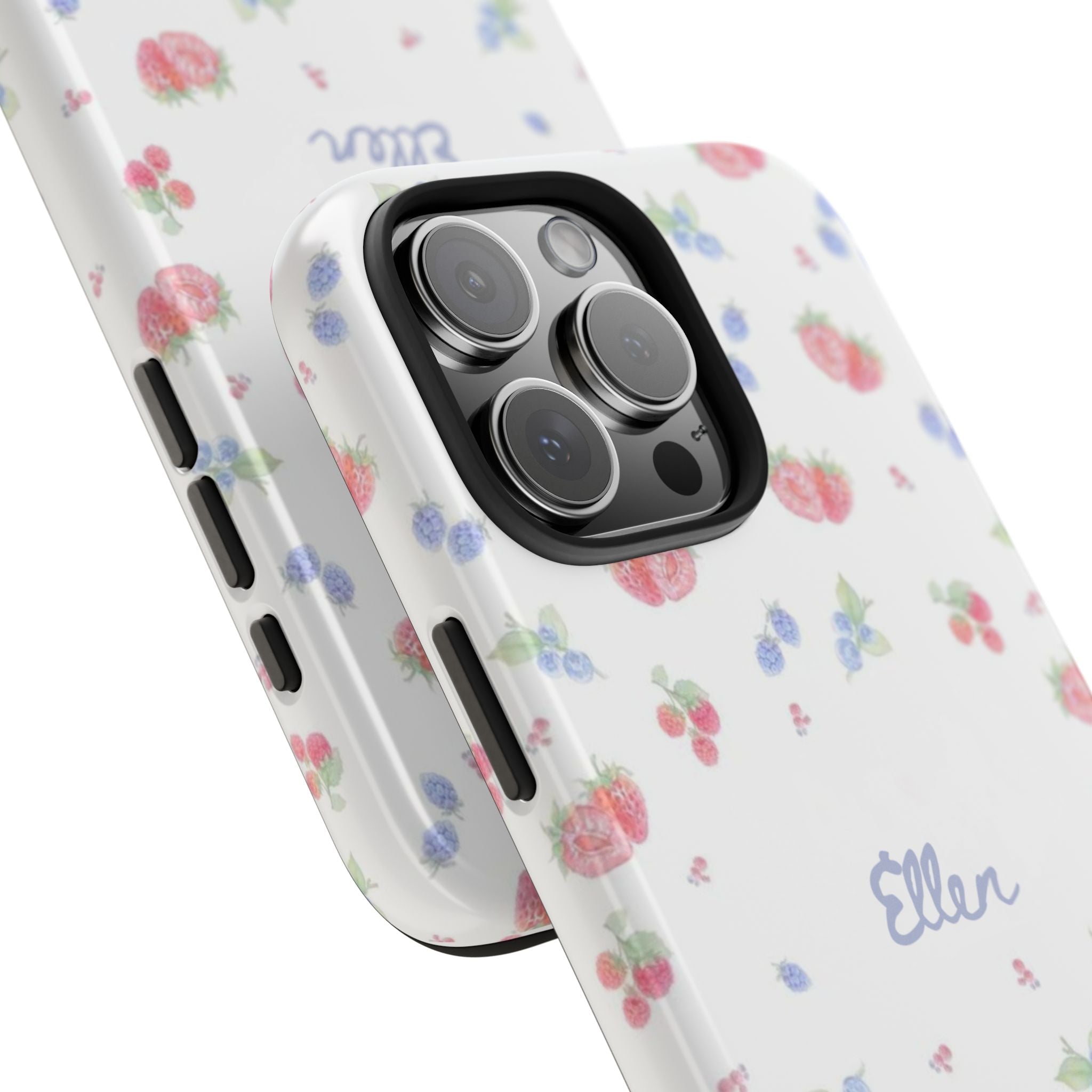 Pair of white berry-pattern phone cases with 'Ellen' on back, showing camera openings