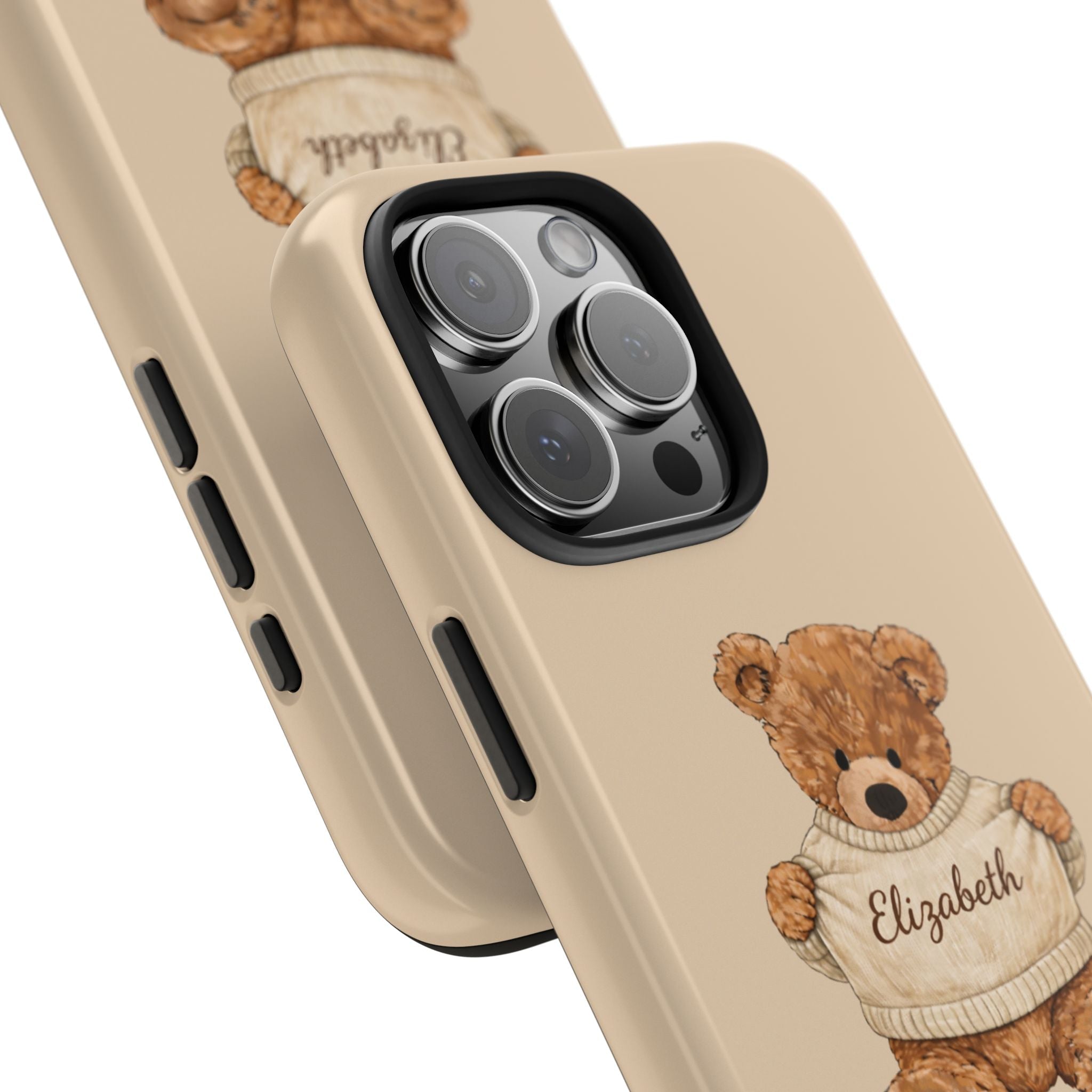 Beige phone case with teddy bear sweater graphic and Elizabeth text near camera cutout