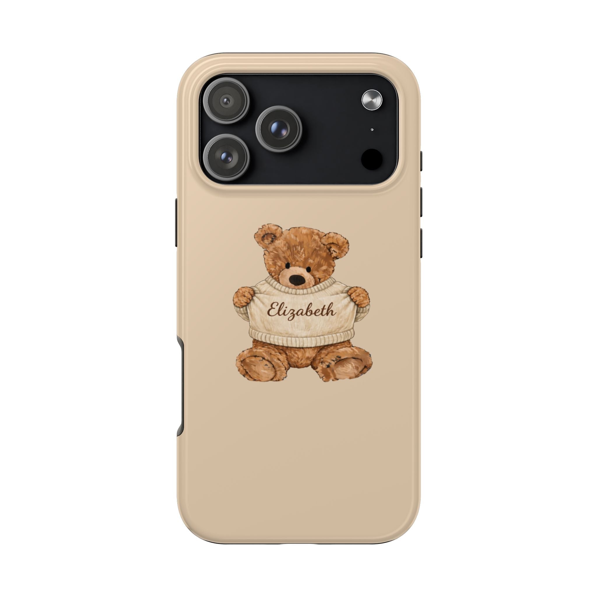 Beige phone case with teddy bear graphic and script name Elizabeth, back view
