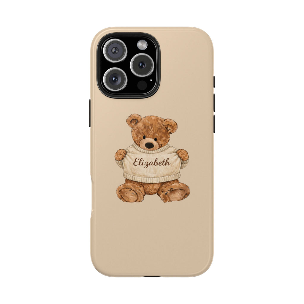 Beige phone case with personalized teddy bear name Elizabeth on front