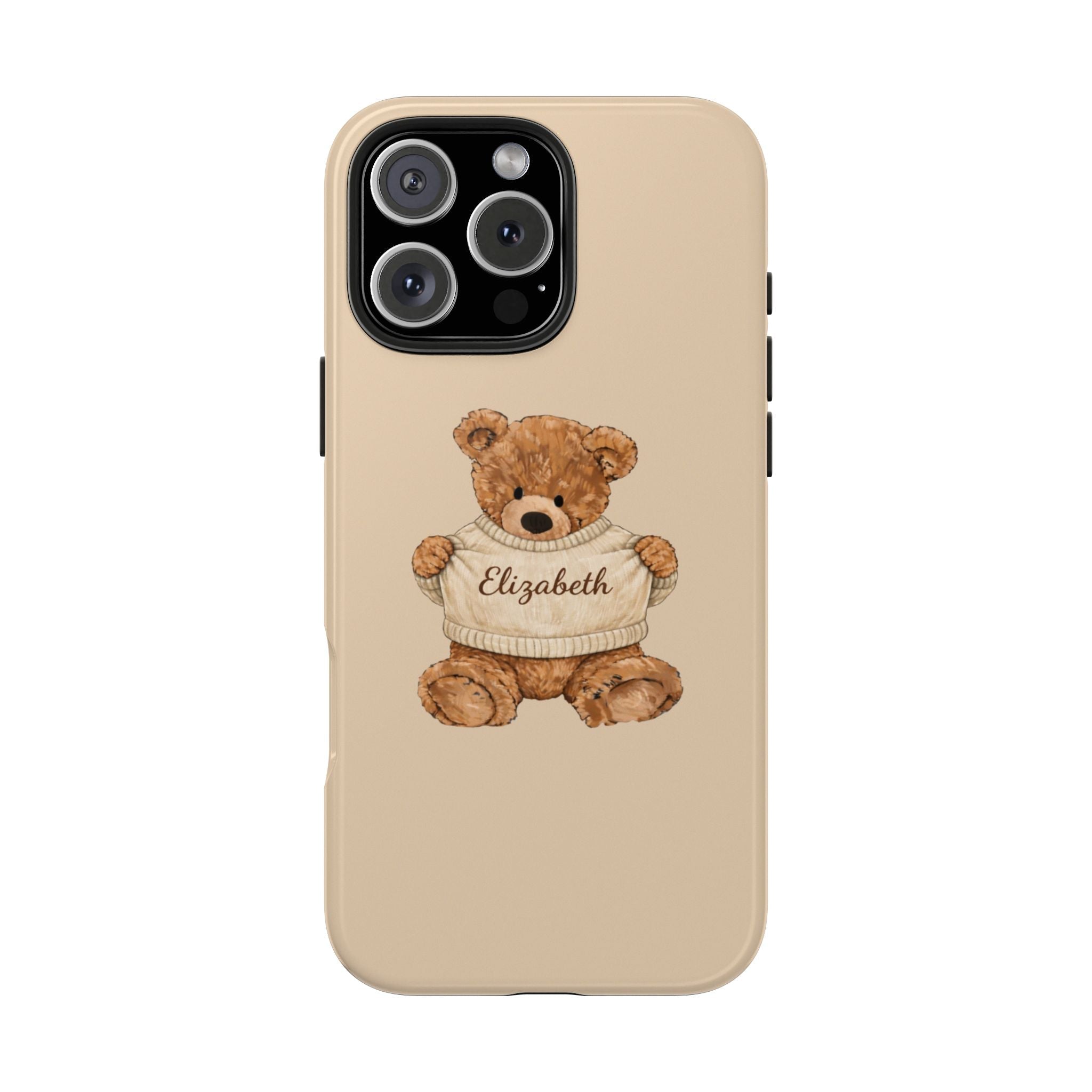 Beige phone case with personalized teddy bear name Elizabeth on front