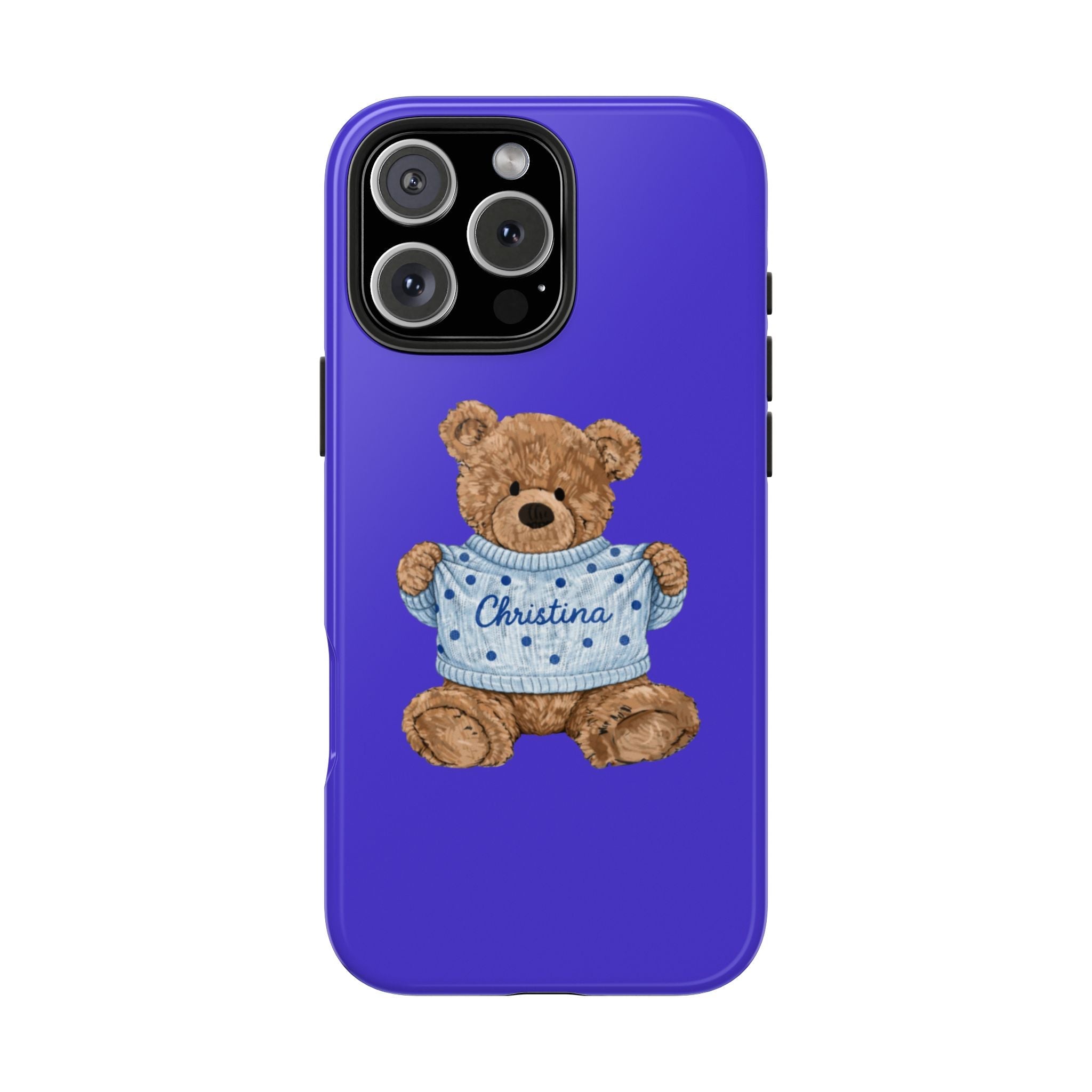 Blue phone case with teddy bear in light blue sweater and embroidered Christina