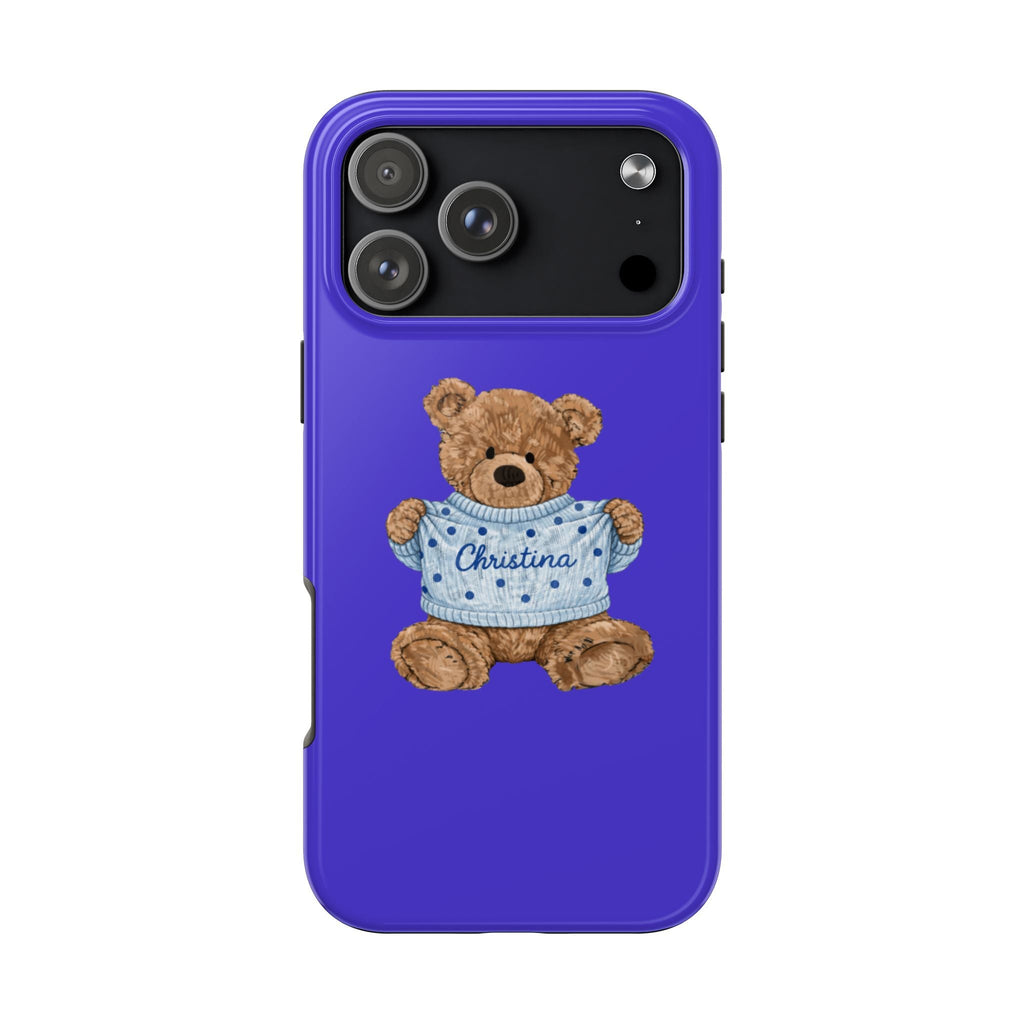 Blue personalized teddy bear phone case with name Christina on light blue sweater