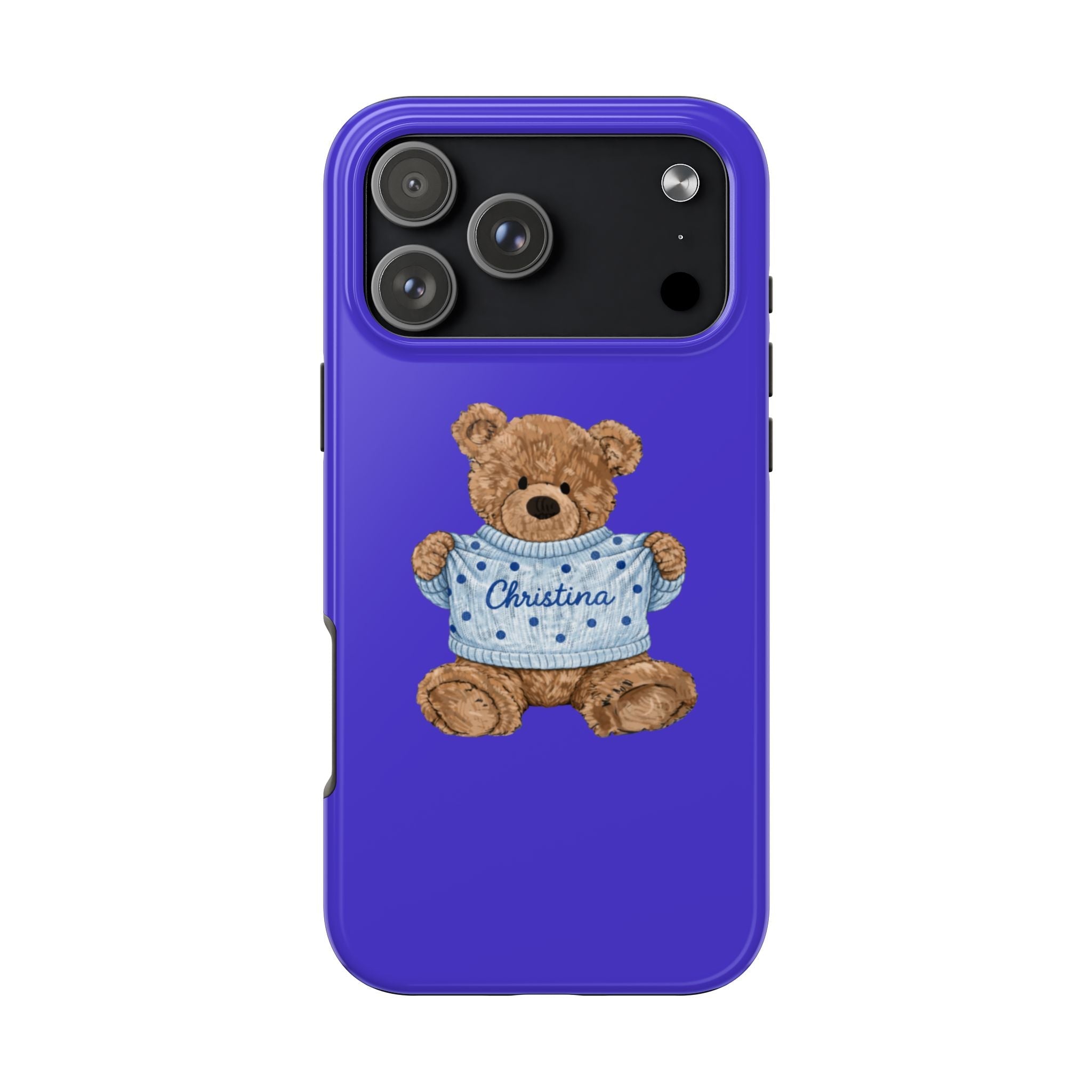 Blue personalized teddy bear phone case with name Christina on light blue sweater