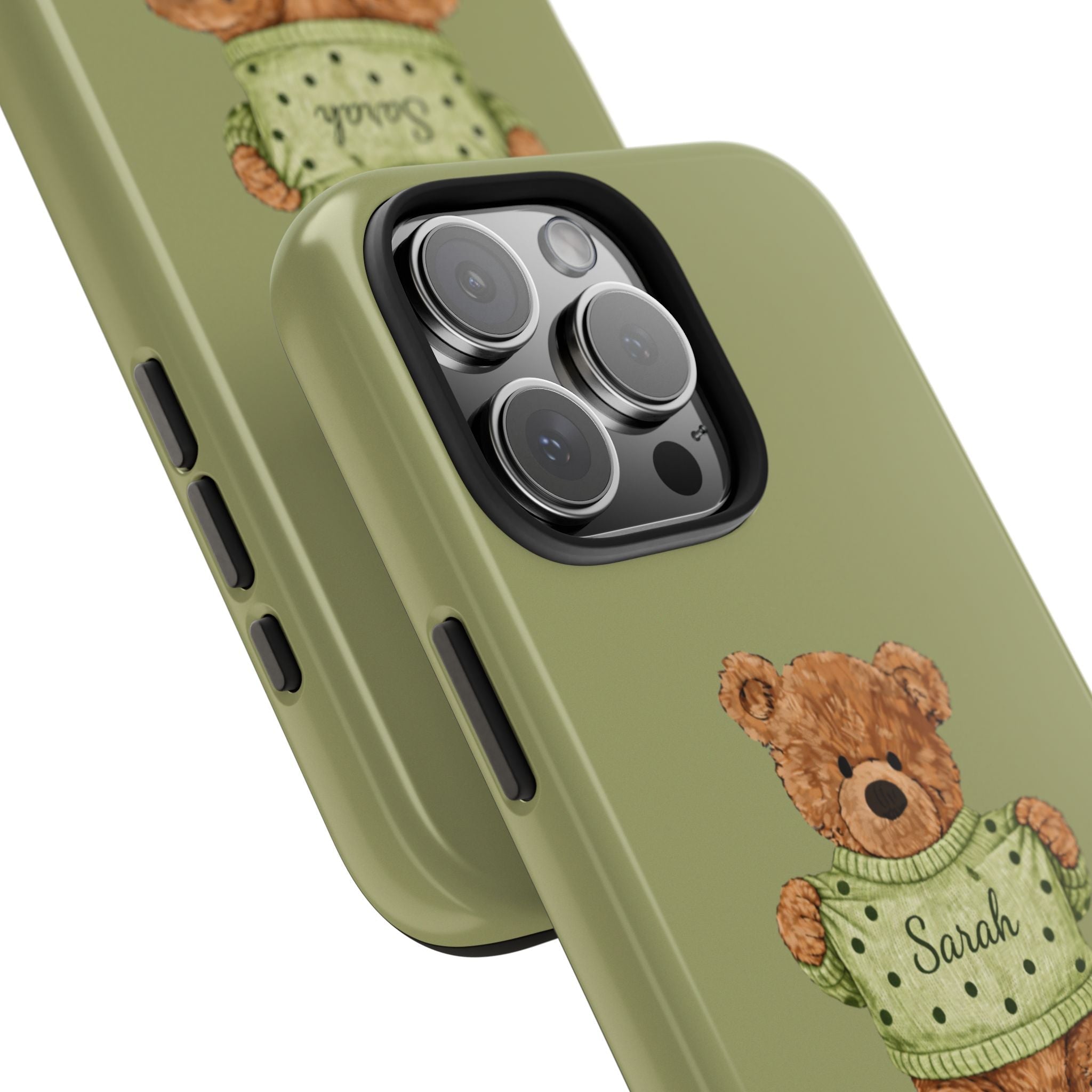 Olive green phone case angled view: teddy bear name Sarah, camera cutout
