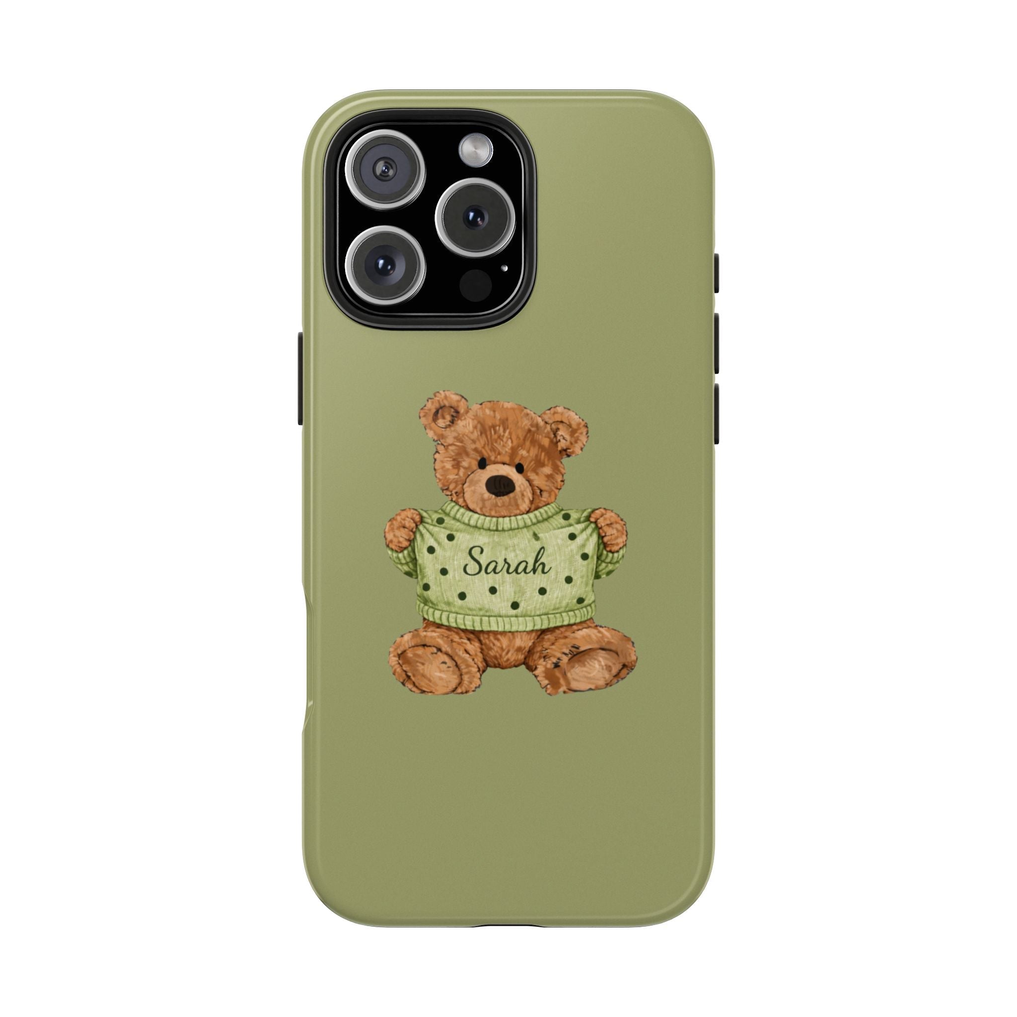Olive green phone case with teddy bear wearing polka-dot shirt, name Sarah