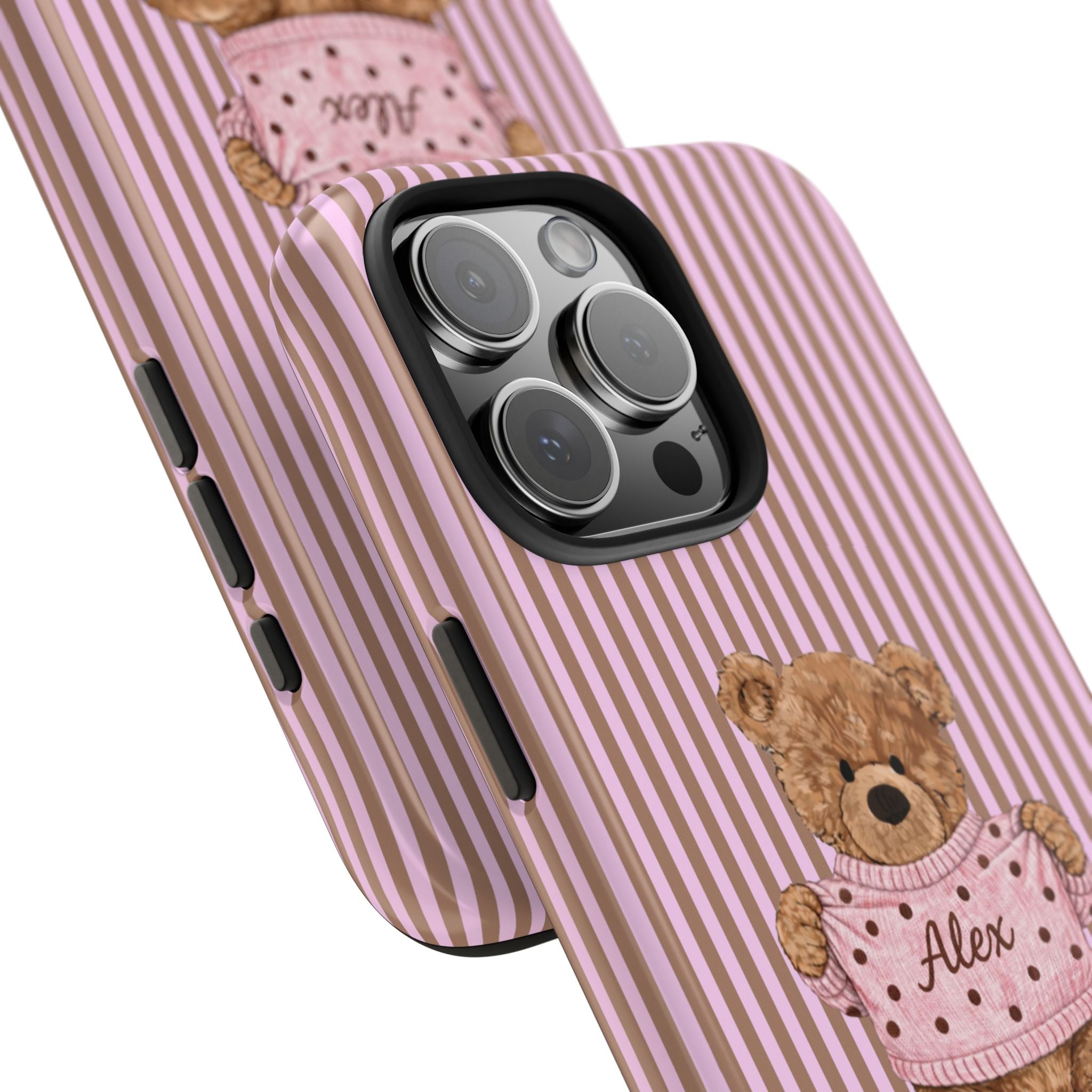 Close-up pink striped phone case with teddy bear patch and “Alex” text, camera cutout