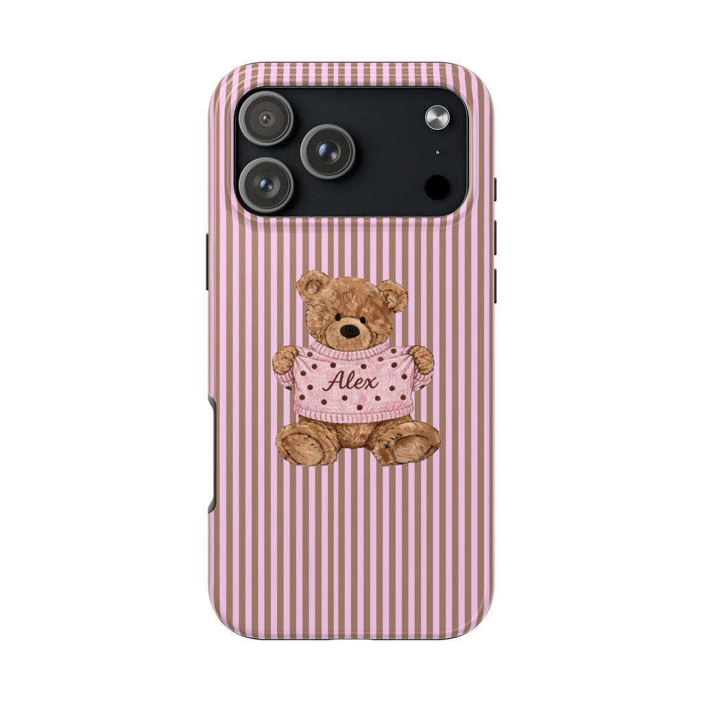 Pink striped phone case with plush teddy bear in “Alex” shirt