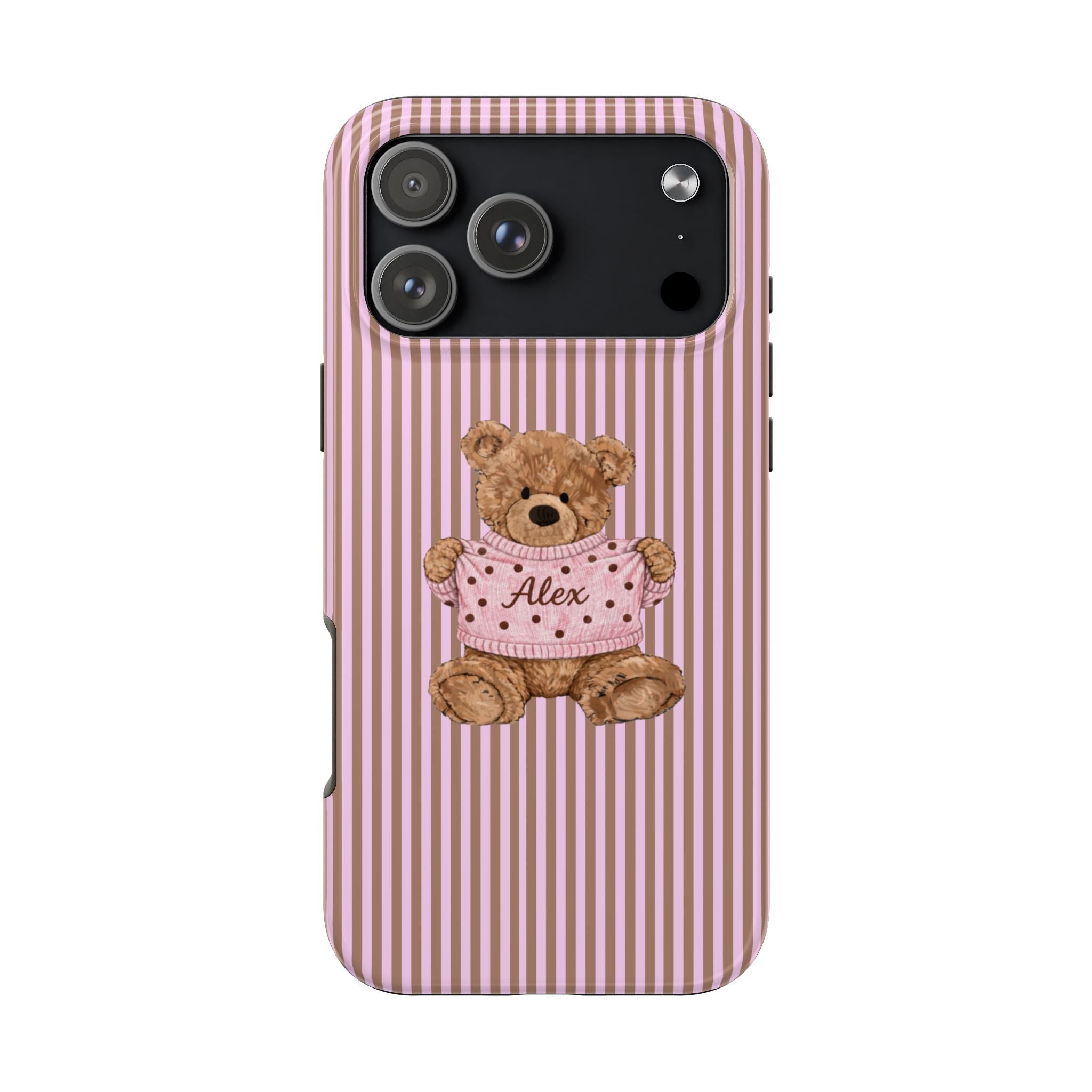 Pink striped phone case with plush teddy bear in “Alex” shirt