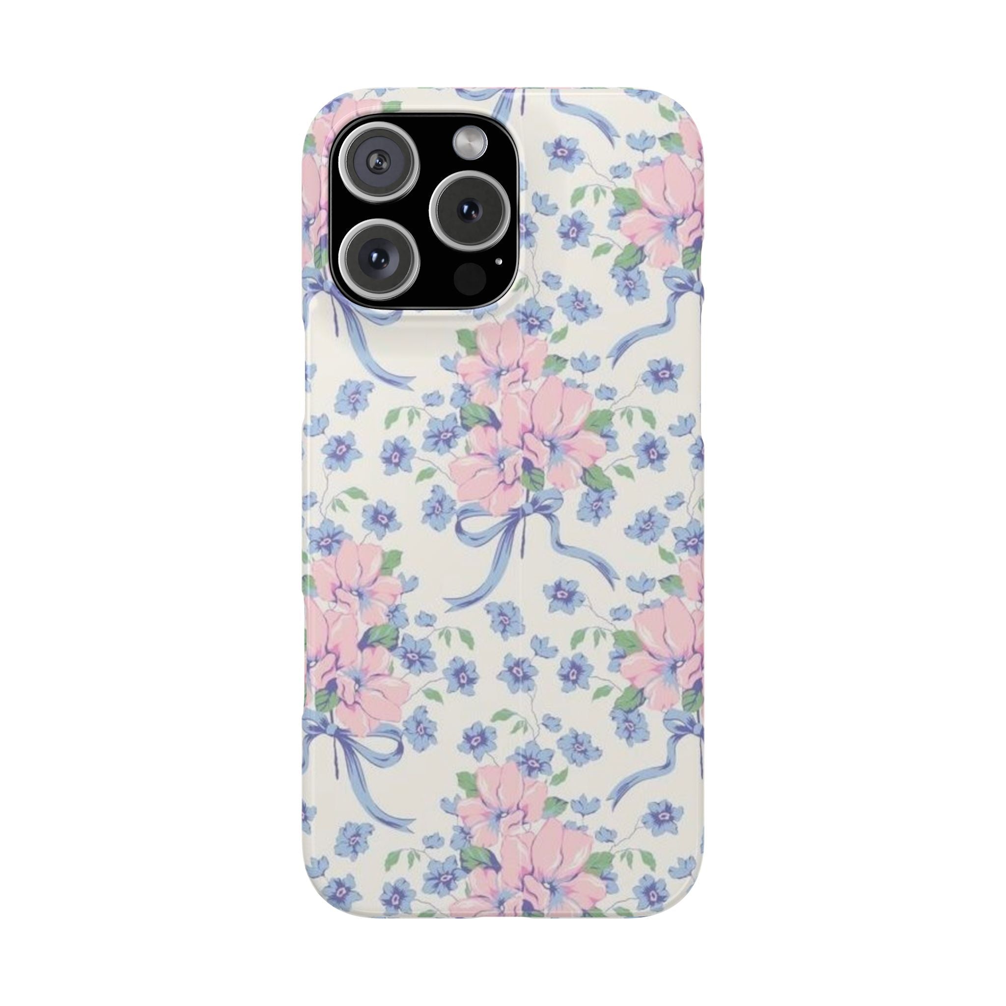 Pastel floral phone case: pink & blue flowers with bow accents, raised camera cutouts