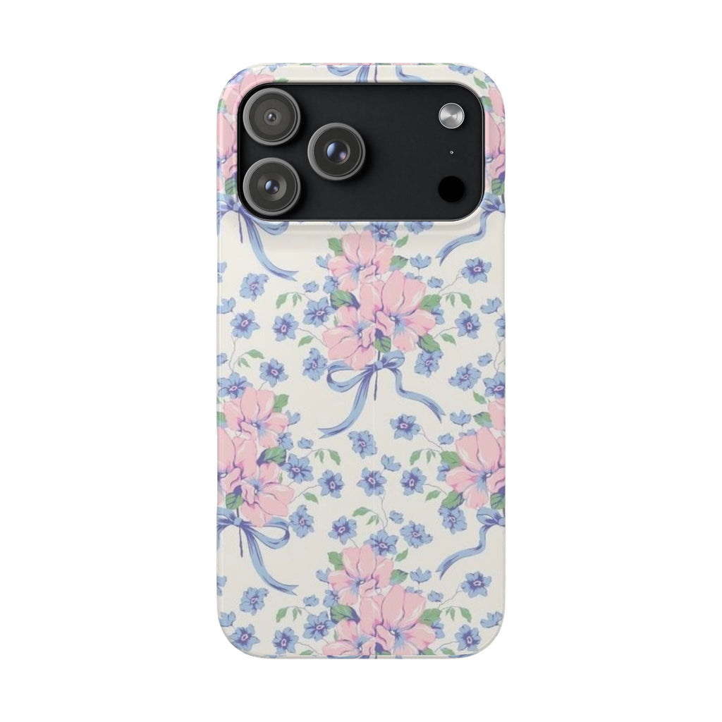 Floral phone case back view with pastel pink and blue blossoms and bow details