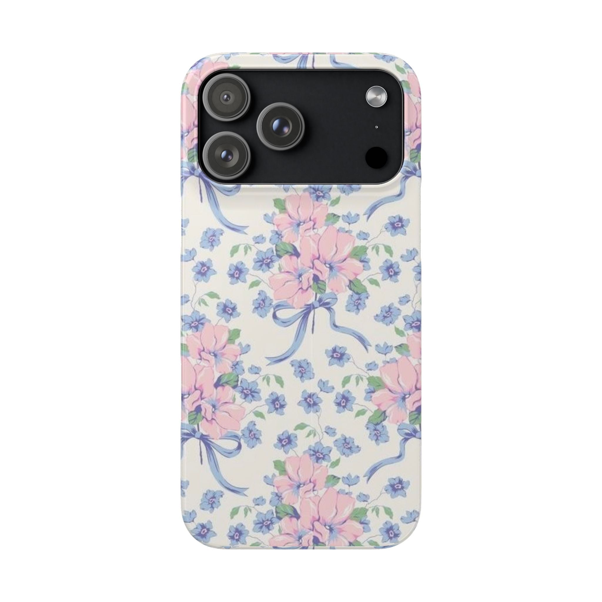 Floral phone case back view with pastel pink and blue blossoms and bow details